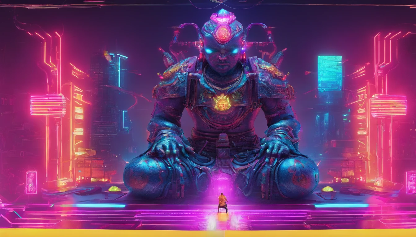 The head and body are separate, Sculpture interior, cyberpunk city in background,  Ink punk, Double contact, Colorful neon lights, All sorts (masterpiece:1.2), best quality, (super detailed, most detailed:1.2), High resolution textures，futuristic city, fantasy, 24th century, desert, ocean, pyramid，vaporwave nostalgia, very vaporwave, maximalist vaporwave, vaporwave, vaporwave!, vaporwave aesthetics, cyberpunk vaporwave, 90s aesthetic, vaporwave art, 90s aesthetic, 90's aesthetic, hip hop vaporwave, vaporwave aesthetic, vaporwave cartoon