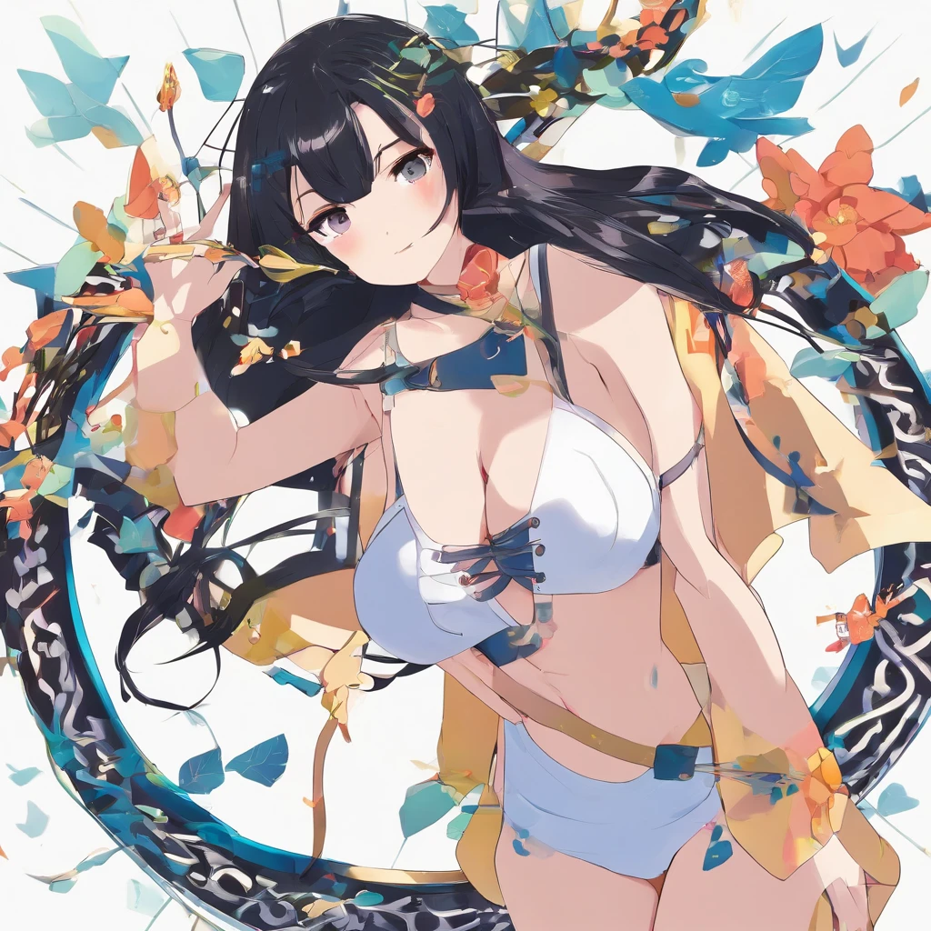 (((slingshot swimsuit ))),(gigantic cleavage breasts:1.5),(nakeness),(Solo),(White background)，Long black hair，Black colored eyes，Stand up，The right hand crosses the waist，，Super-heeled sandals，grin