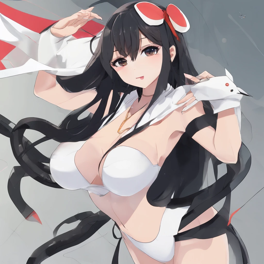 (((slingshot swimsuit ))),(gigantic cleavage breasts:1.5),(nakeness),(Solo),(White background),Long black hair,Black colored eyes,Stand up,The right hand crosses the waist,,Super-heeled sandals,grin