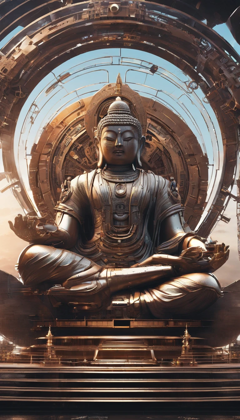 Super giant mechanical Buddha statue，Adoring crowds，In steampunk style，super-fine，8K，Works of masters，Meticulous mechanical depiction，OC renderer，