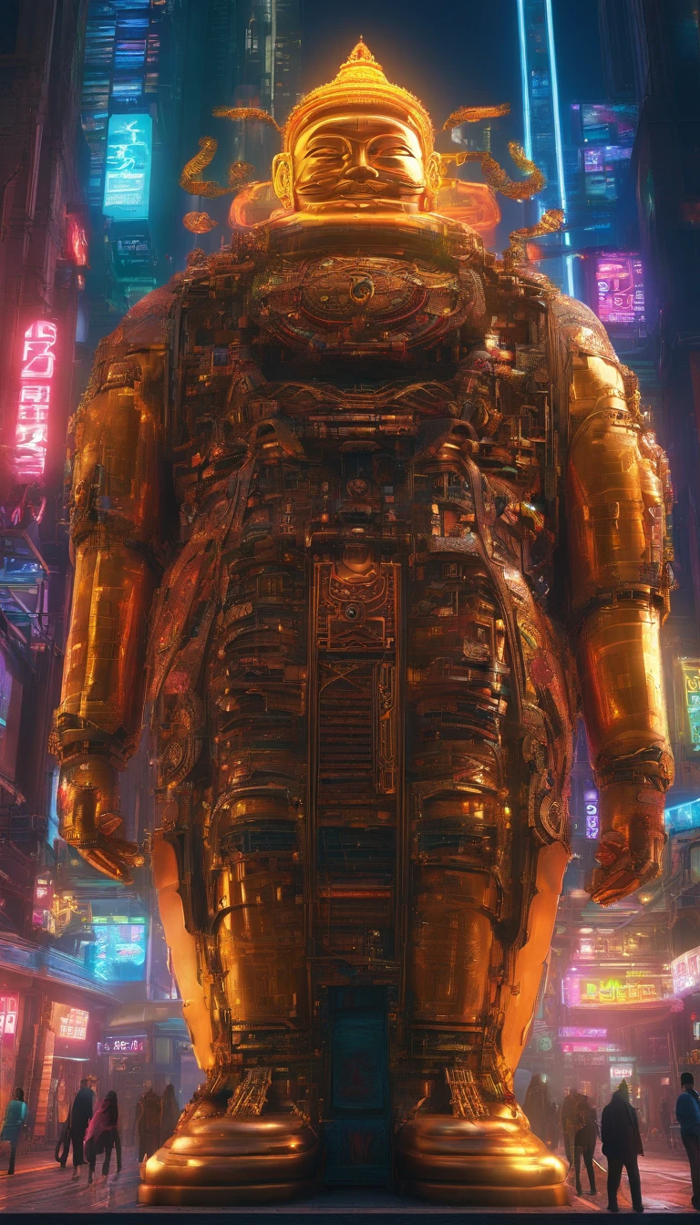 Super giant mechanical Buddha statue,Adoring crowds,In steampunk style,super-fine,8K,Works of masters,Meticulous mechanical depiction,OC renderer,