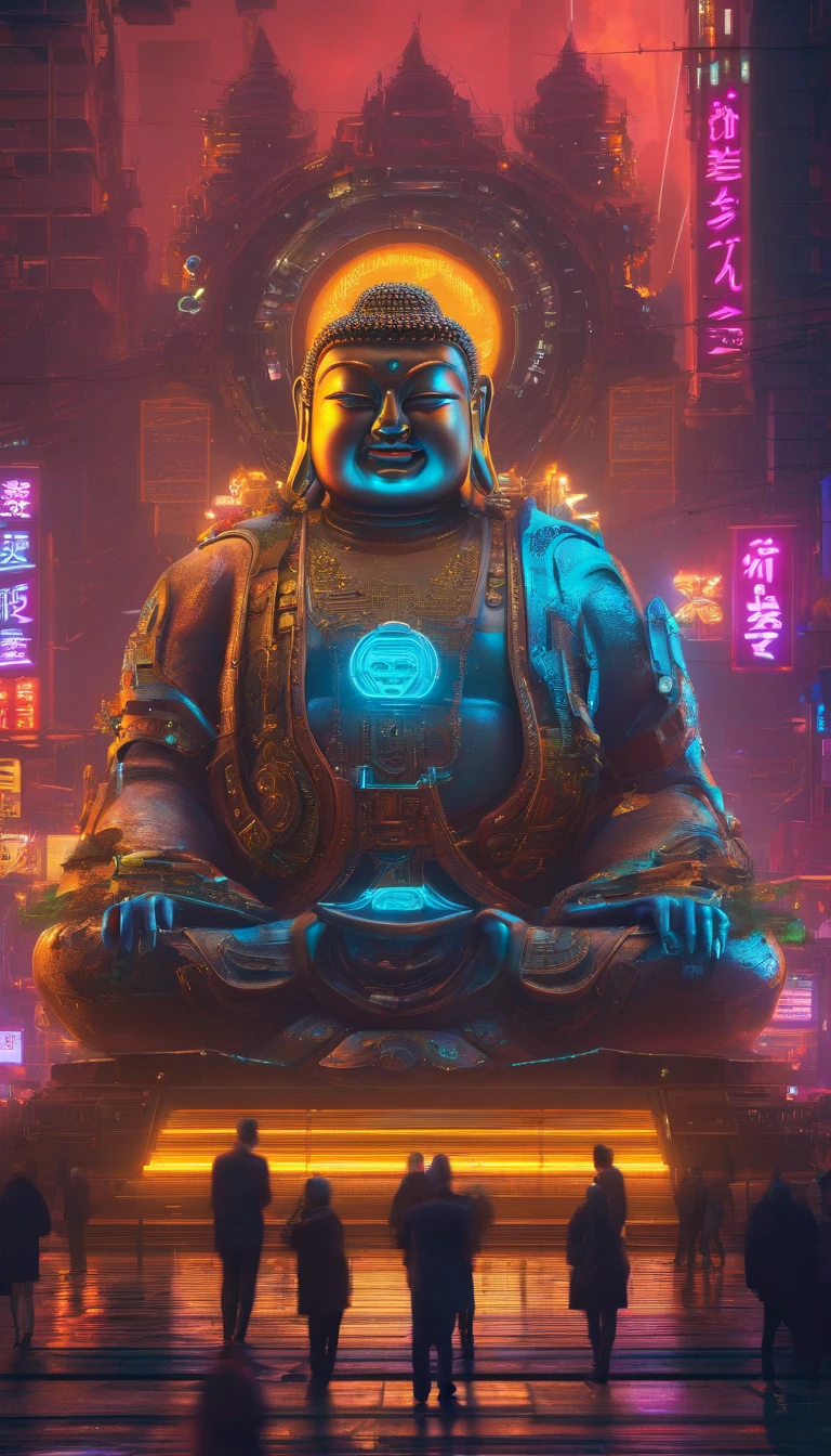 Super giant mechanical Buddha statue,Adoring crowds,In steampunk style,super-fine,8K,Works of masters,Meticulous mechanical depiction,OC renderer,