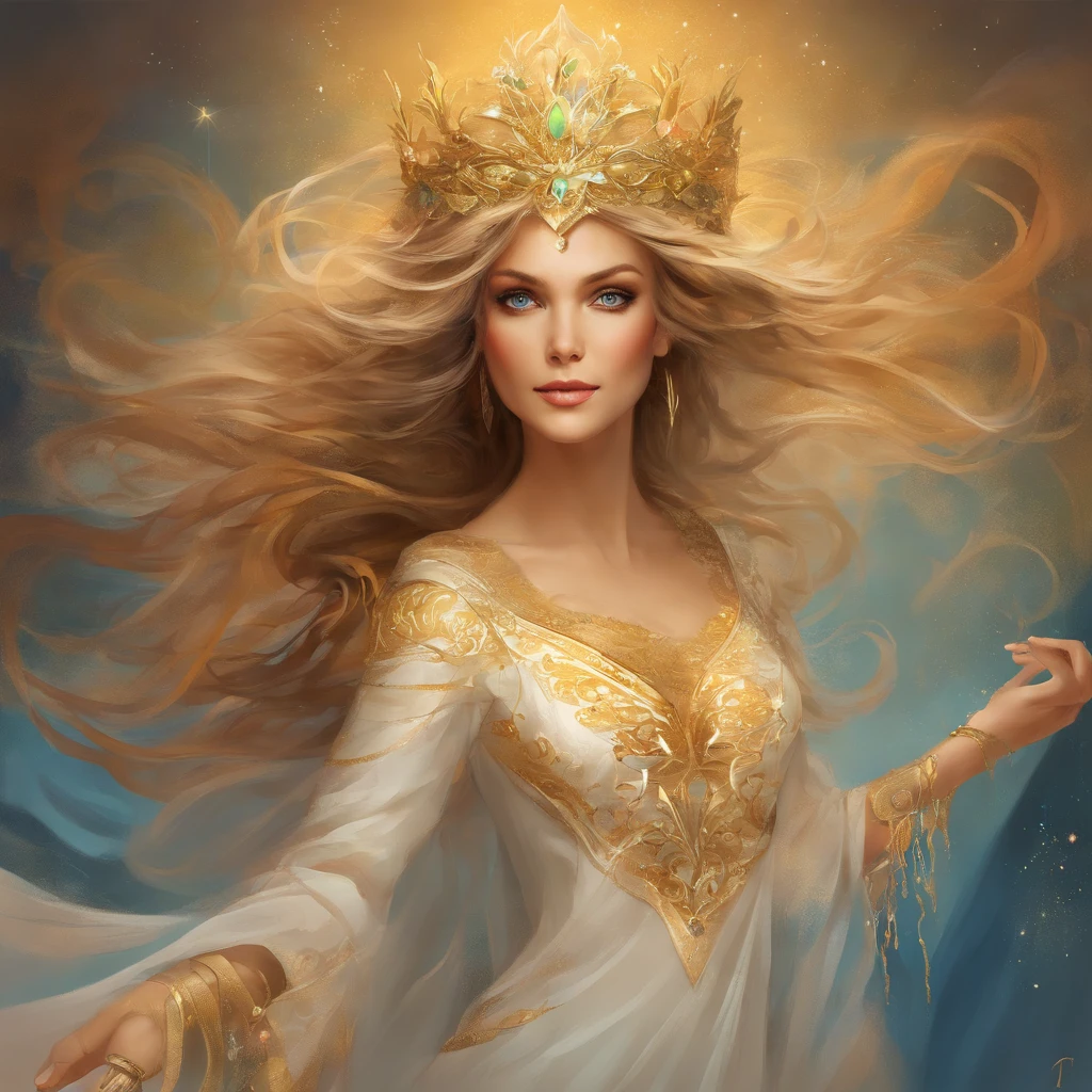 Michelle Pfeiffer, 30 anos de idade, Dancer in a long dress with side openings, cabelos soltos, orelhas de elfo detalhadas, dancing shoes, tiara dourada na testa, facial expression of tenderness, olhos claros, Face looking at the camera, Golden bracelets on the arms, roupa drapeada, Palco teatral como pano de fundo, Realismo 32K