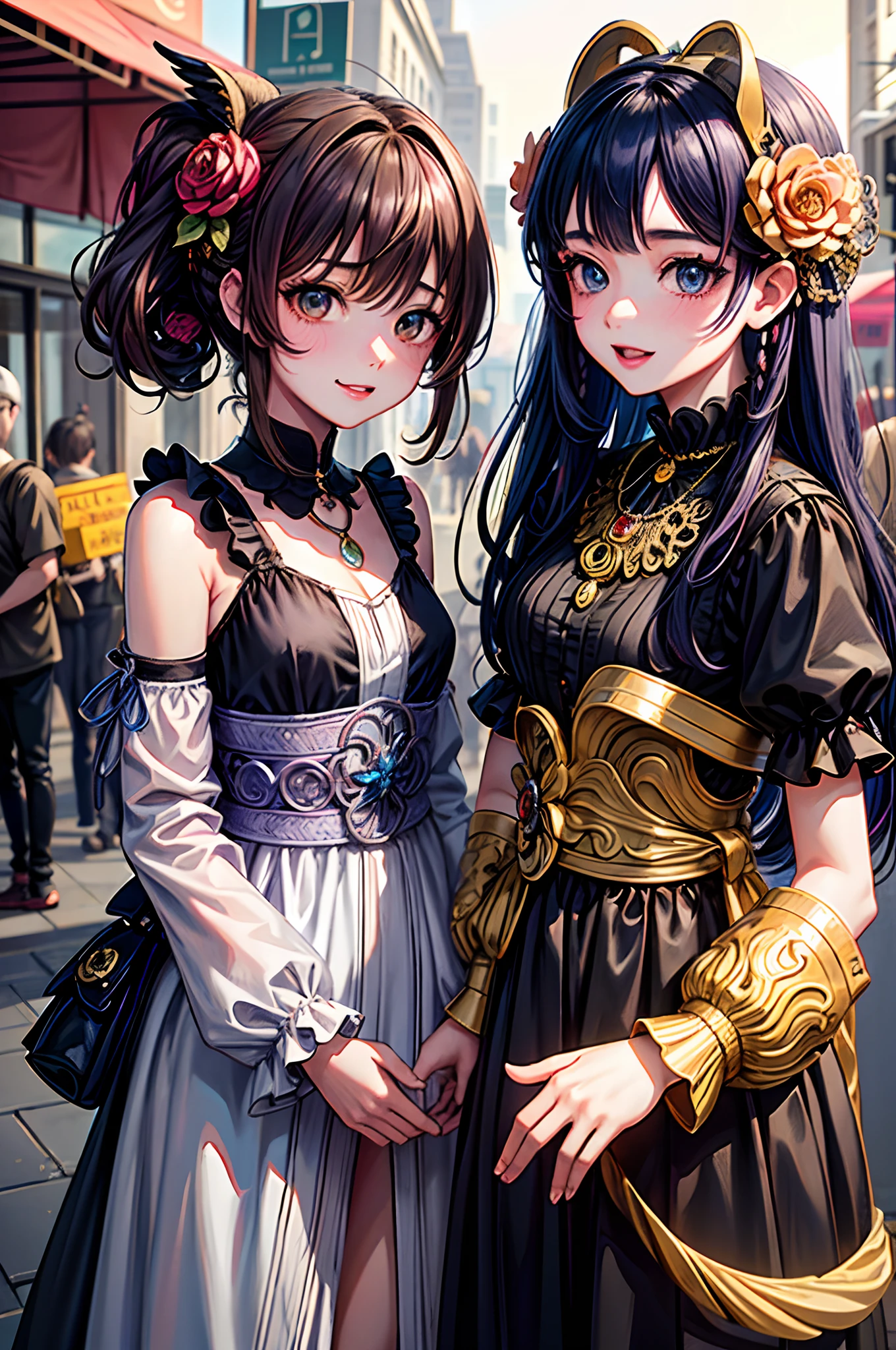Best Quality, Masterpiece, Extremely Detailed, High Resolution, 4K, Ultra High Resolution, Detailed Shadows, Perfect Light and Shadow,duo, Two Girls in Stylish Clothes Taking Selfies on the Street, Colorful Braids, Anime Role Play, Anime Style Mixed Fujifilm, Cute, Big Laugh, Big, Sexy,(alebrijes art style),pureerosface_v1,ulzzang-6500-v1.1,fantastical clothing,princess eyes round pupils,fantastical necklaces,fantastical ribbons,fantastical rings,fantastical jewelry,fantastical hair ornament,fantastical belt,studio light,