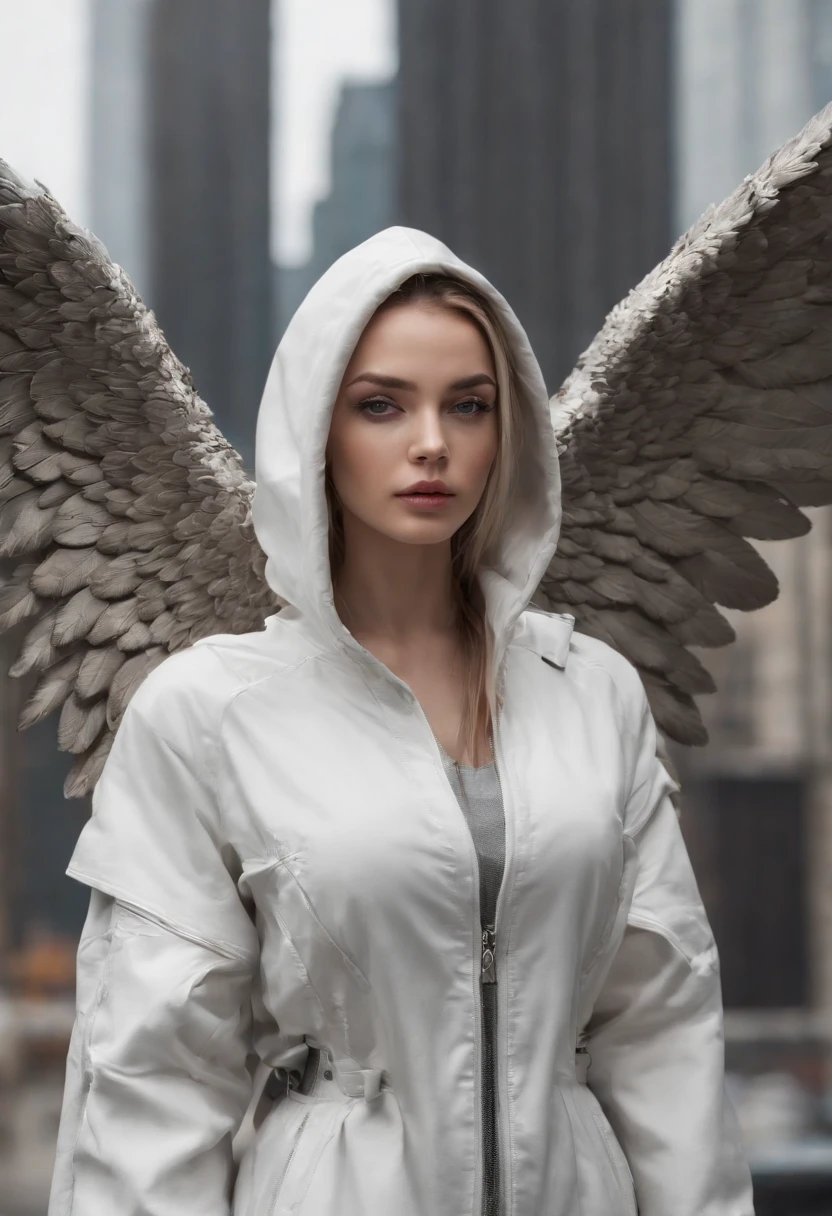 Create an ultra-wide photo of an angel wearing a cyberpunk-style coat and hood, against an abstract post-apocalyptic background. The overall style of the image should be minimalist with an Artgem touch. The angel should be rendered in a warrior and angelic style with a focus on creating a sense of hope and reconstruction. The cyberpunk coat and hood should be rendered in high detail, with a focus on capturing the texture and style of the clothing. Huge wings. The background of the image should have an abstract design, with a focus on creating a sense of depth and contrast with the foreground. The image should be rendered in wide format, with a focus on creating a sense of scale and drama in the scene.perfecteyes,
edg90hh