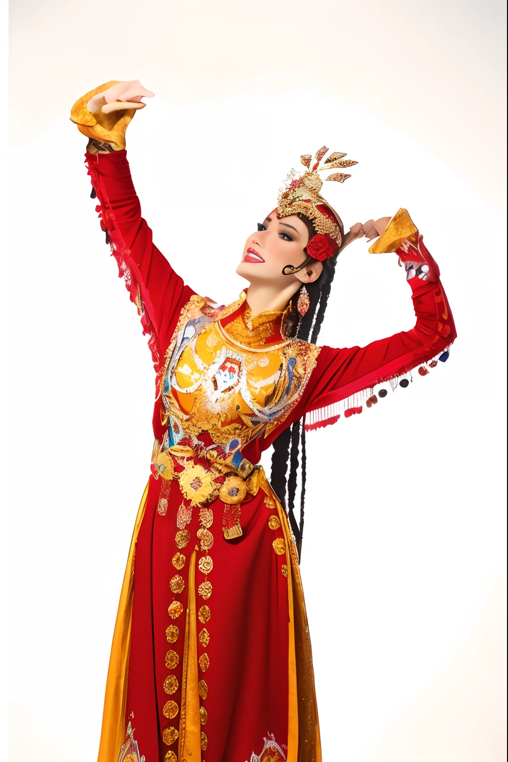 Araki woman in red and yellow dress，wearing a golden crown, a young woman as genghis khan, traditionalcostumes, kazakh empress, authentic costume, traditional garb, she is dressed in shaman clothes, Russian clothing, Traditional clothing, beautiful costume, Wearing Gorgeous Costume, high quality theatre costume, traditionalcostumes, Ukrainian national costume, wearing authentic attire