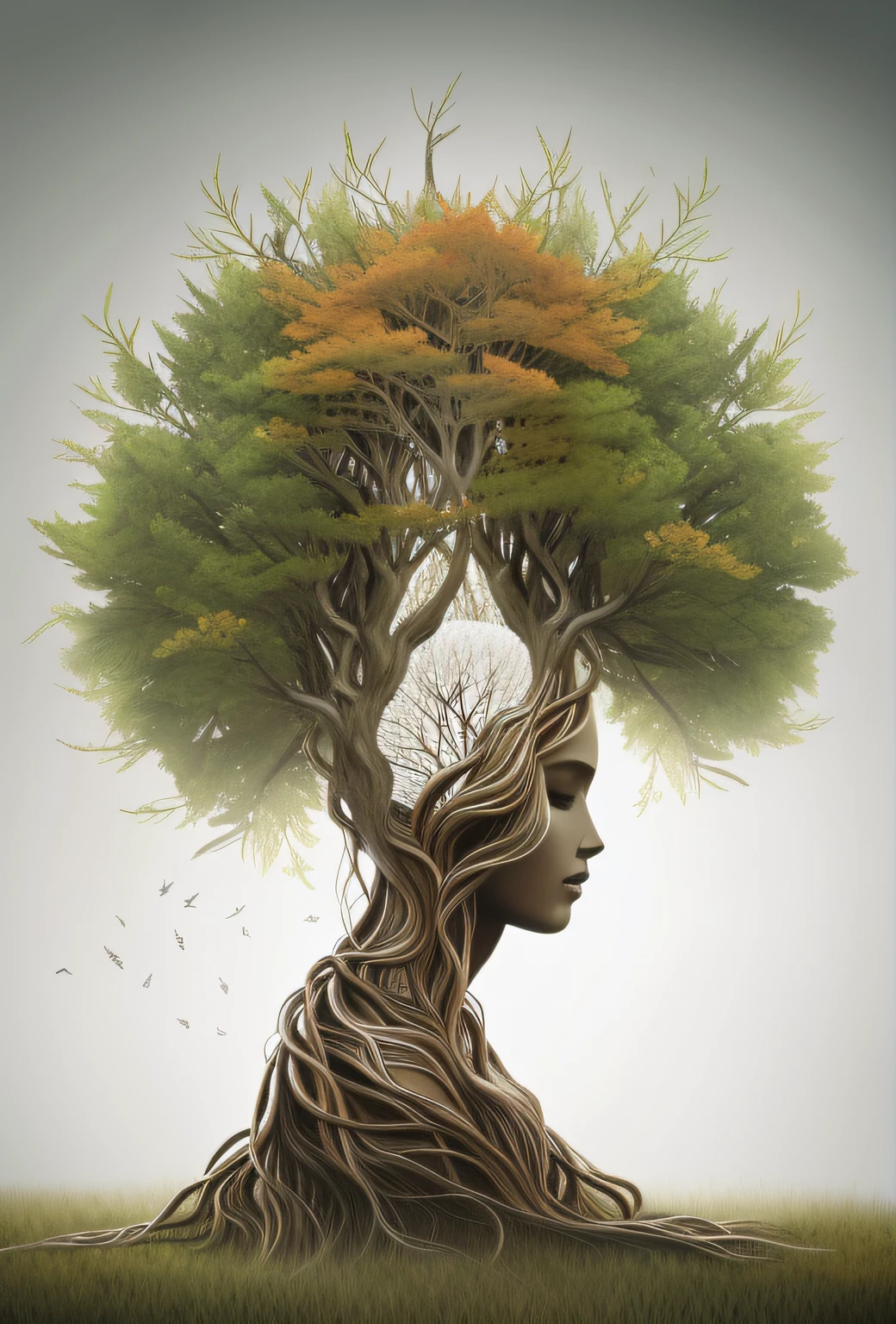 there is a tree that has been shaped like a woman's face, person made of tree, woman made of plants, portrait of a dryad, living tree, fantasy tree, hair made of trees, intricate digital painting, branches sprouting from her head, highly detailed digital art, treebeard, artistic illustration, humanoid flora, beautiful digital artwork, mother nature