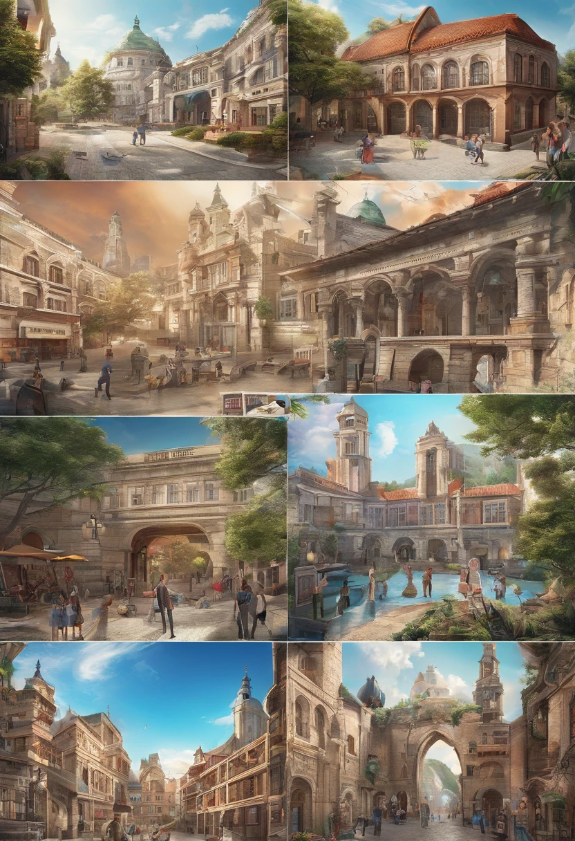 ((College students in the premises,Use VR、AR、cameras、camera、Painting related elements、UAVs、mapping tools, etc))objects to take pictures and draw accurate 3D stereoscopic scenery。 Portrait photography, Ultra-wide angle, Depth of field,Color coding, insanely details, Depth of field, degrees of freedom, 32K, Hyper-Resolution