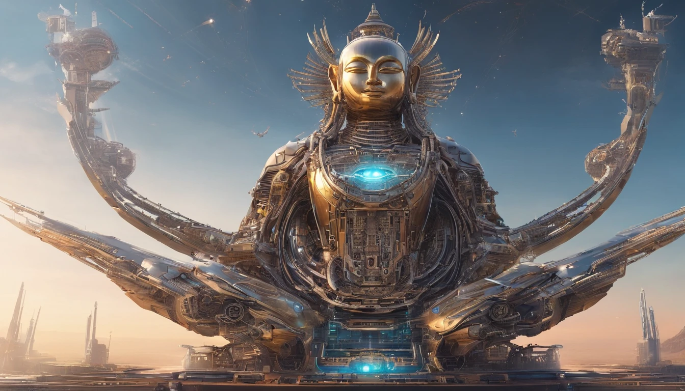 Super giant mechanical Buddha statue，Adoring crowds，In steampunk style，super-fine，8K，Works of masters，Meticulous mechanical depiction，OC renderer，