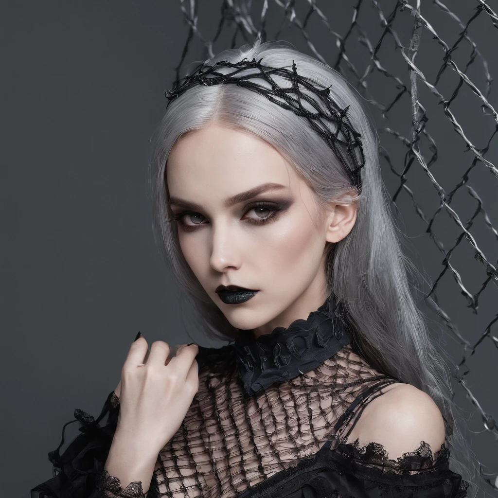 Girl with gothic net symbolic clothes, 。.com (Barbed wire of the body) brunette color hair,Gray hair ends