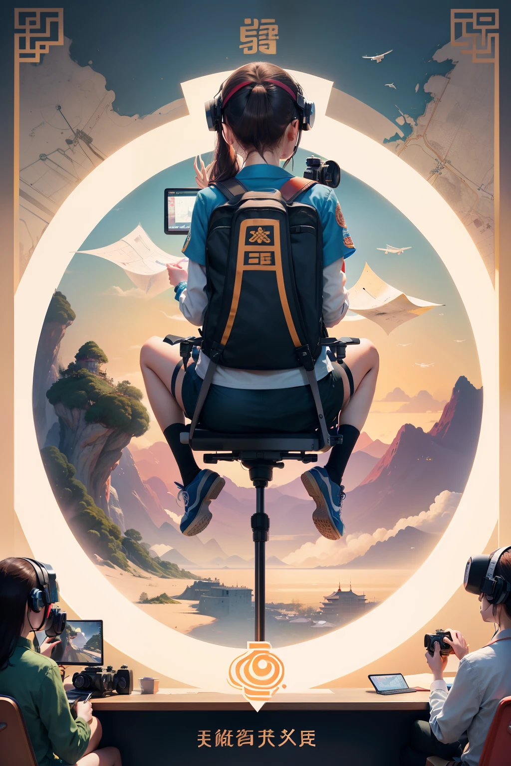 Teachers and students in the classroom, Decorated with artistic painting elements, Some students are flying drones, Some students are using cartographic tools, Some students are playing with virtual reality, The teacher is taking pictures of the students with a video camera. Cartoon image with bright background、plethora of colors, Rich detail background with digital media elements realistic Chinese style