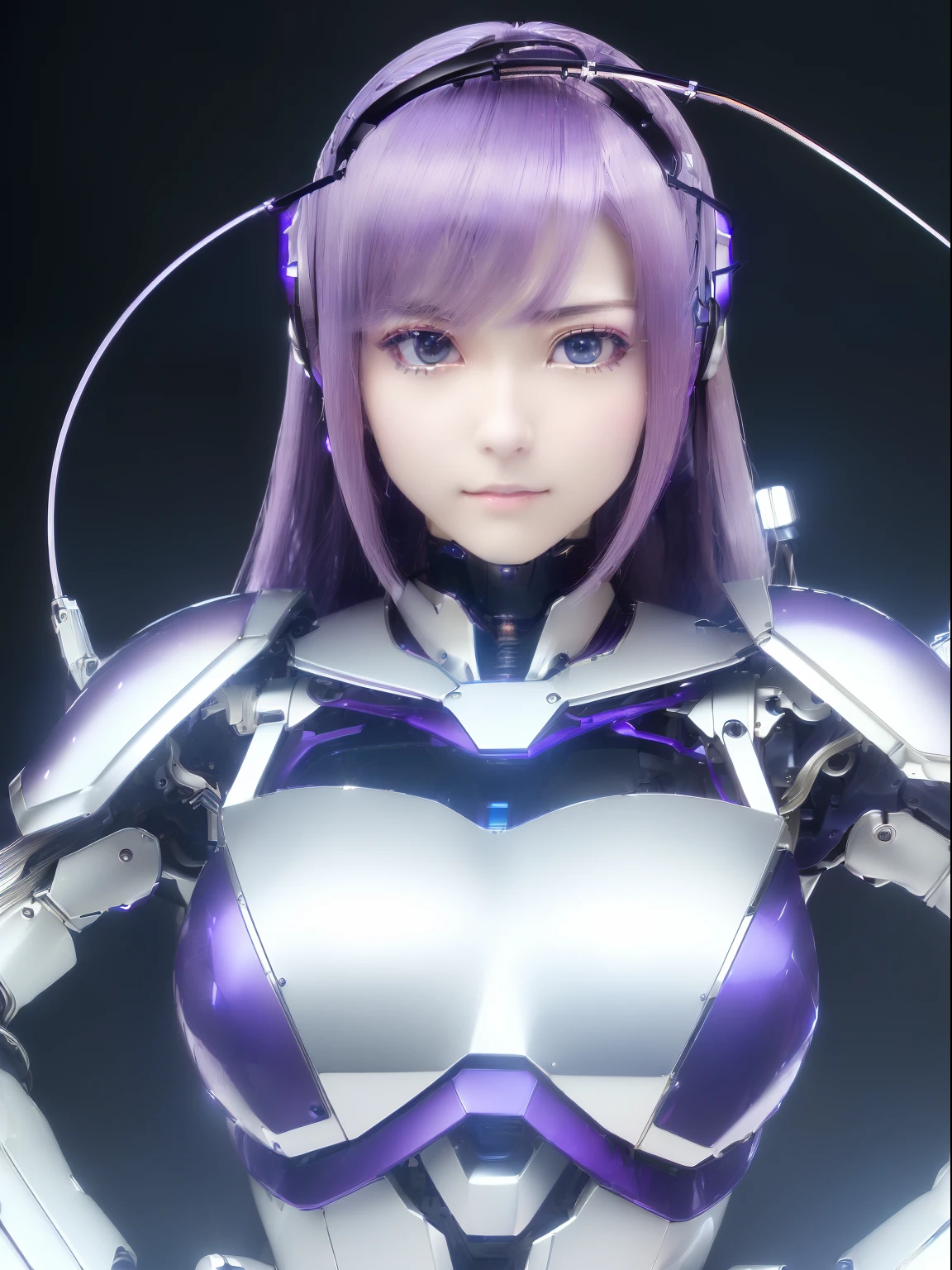 ((masutepiece)), ((top-quality), high quarity、ultra-definition, Realistic, fulcolor 、One beautiful robot woman、Joints of machines、Frame of the machine、Thick wire joints、White porcelain mechanical armor、(Curvaceous face)、deadpan、Purple straight hair、Wide Shot、((Electronic substrate))、Random Poses