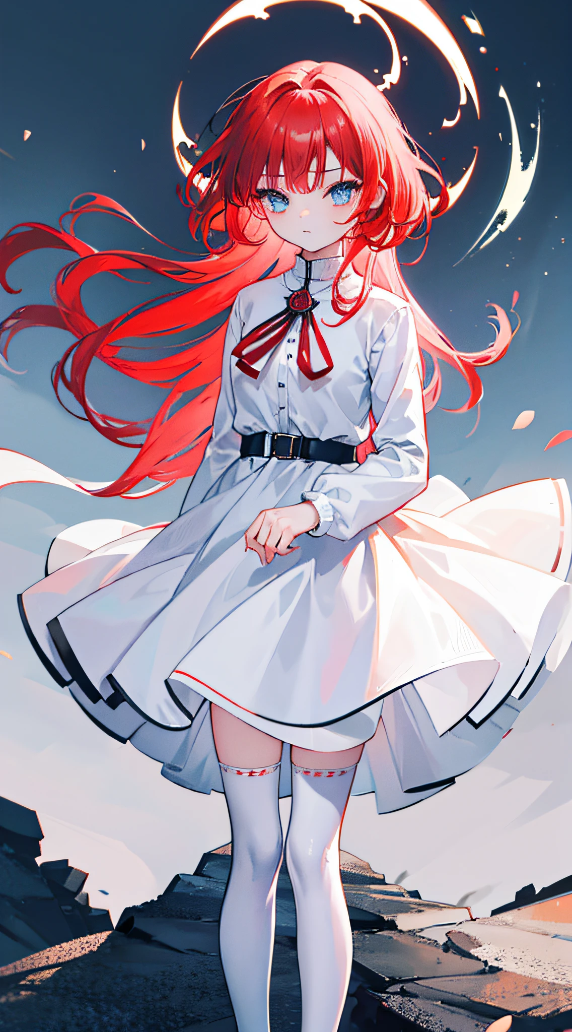 1girll;Short fiery red hair;messy hair style;Azuka blue eyes;Calm expression;white dresses;Medium build;black over-the-knee socks;White boots;Good light;Vacant land