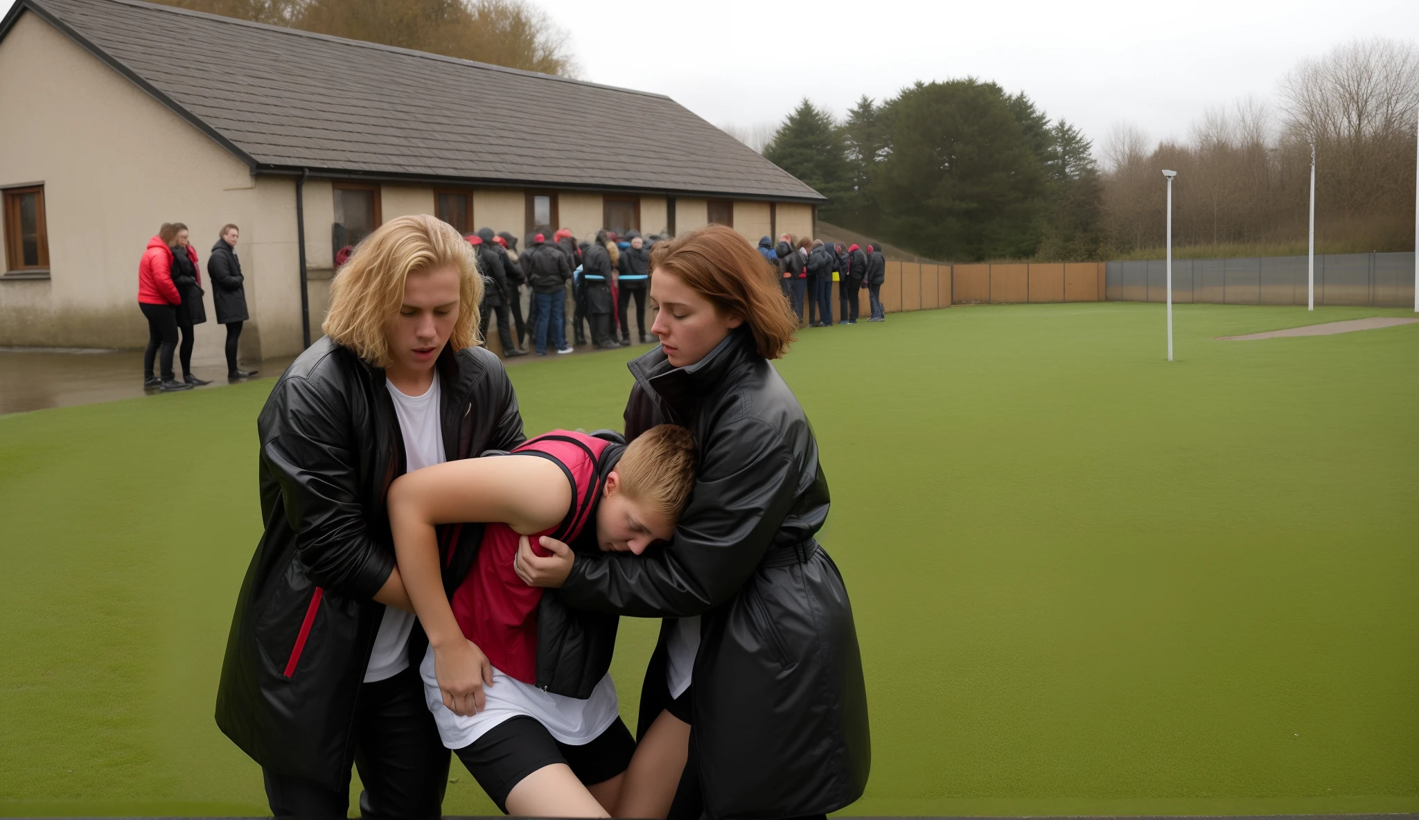 a blond woman in a shiny black coat, a redhaired woman in a shiny black coat, a sportsman in short and rough sportswear is collapsing into the girls' arms, a longhaired blond girl, a longhaired redhaired girl, a longhaired blond girl and a longhaired redhaired girl are holding together the fainting sportsman in their arms, a shorthaired sportsman in matte sportswear is collapsing with pain, he is fainting, two girls are holding him up, he is hanging in the girls' arms, girl in a laquered puffy coat, girl in a laquered downcoat, they are standing very close together, his arms are dangling, arm-in-arm, she is wearing shiny leather pants, she is grabbing his body, a shorthaired man in a matte tanktop and rough jeans, a shorthaired blond man in rough jeans, a girl in shiny leather pants, a shorthaired blond man in a matte tanktop, a girl with a very desperate facial expression, a girl in a high shine black down-coat, they are standing arm-in-arm, there is an attractive woman wearing a high-shine down-coat, a wetlook puffer-coat, a man is crying with sorrow, a woman is holding an injured shorthaired boy, there is a boy in rough jeans and a matte tanktop hugging a girl that is wearing a very shiny padded laquered coat, a shorthaired blond boy has a painful face and cannot walk, there is a girl giving support to an injured shorthaired boy, a wounded blond and shorthaired boy cannot walk and has to be supported by a girl, he is sinking into the girls' arms, a sad looking girl is carrying a wounded boy, masterpiece, jeans, boy in a matte cotton tanktop, super detailed background, detailed face, crying out, tears, desperation, pain, agony, accident pose, dramatic suffering pose, hands detailed hands, fingers:5, they are walking in the street together in the rain