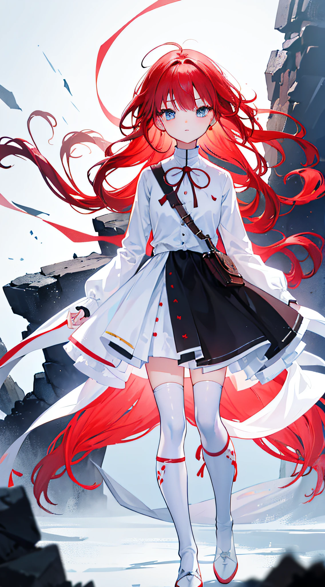1girll;Short fiery red hair;messy hair style;Azuka blue eyes;Calm expression;white dresses;Medium build;black over-the-knee socks;White boots;Good light;Vacant land