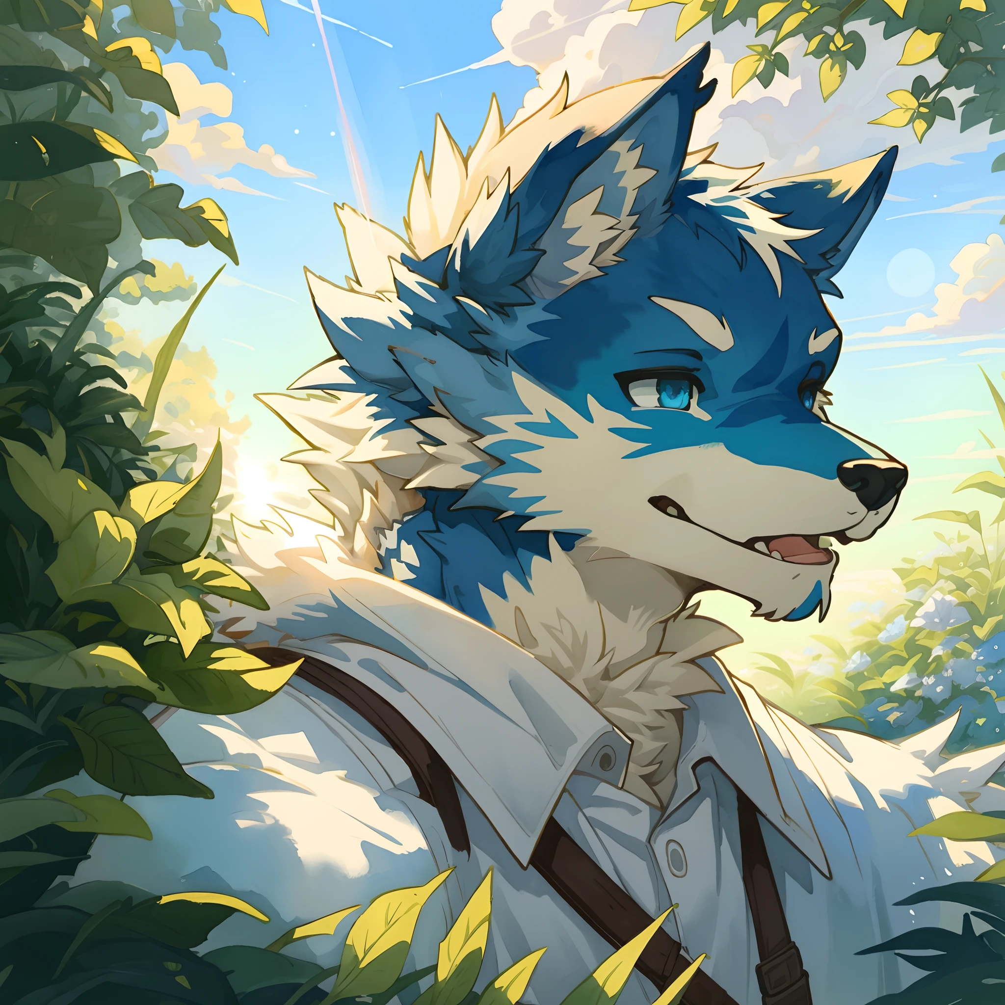 watercolor, soft color, Vintage images, highres, paid reward available, High-quality illustrations, unparalleled masterpiece, Country farm, Blue sky and clouds, Beautiful garden(furry anthro:1.7)absurdres(highly detailed beautiful face and eyes)perfect , expression, caustics, dynamic lighting, lens flare, deep shadow, dynamic angle,