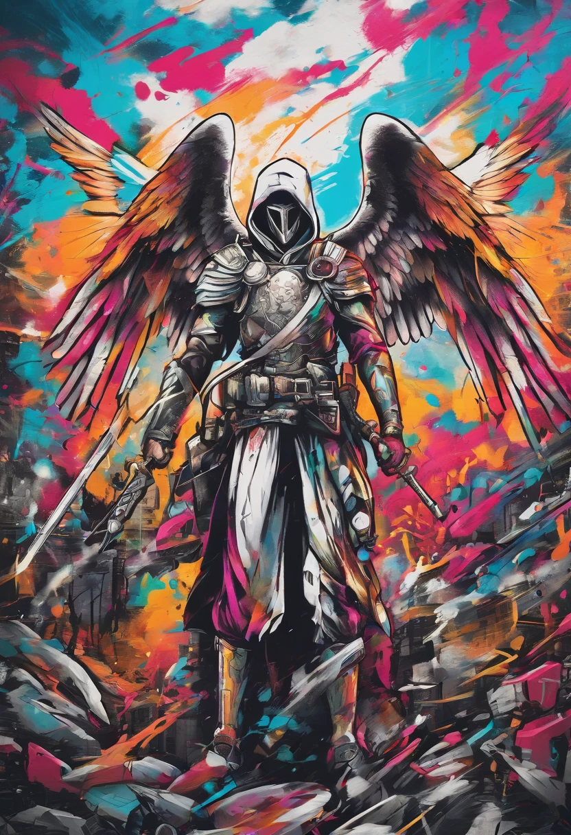 realistic, 4k, an angel with big wings, a sword, a hood over his head in the background image of a war (chaos)