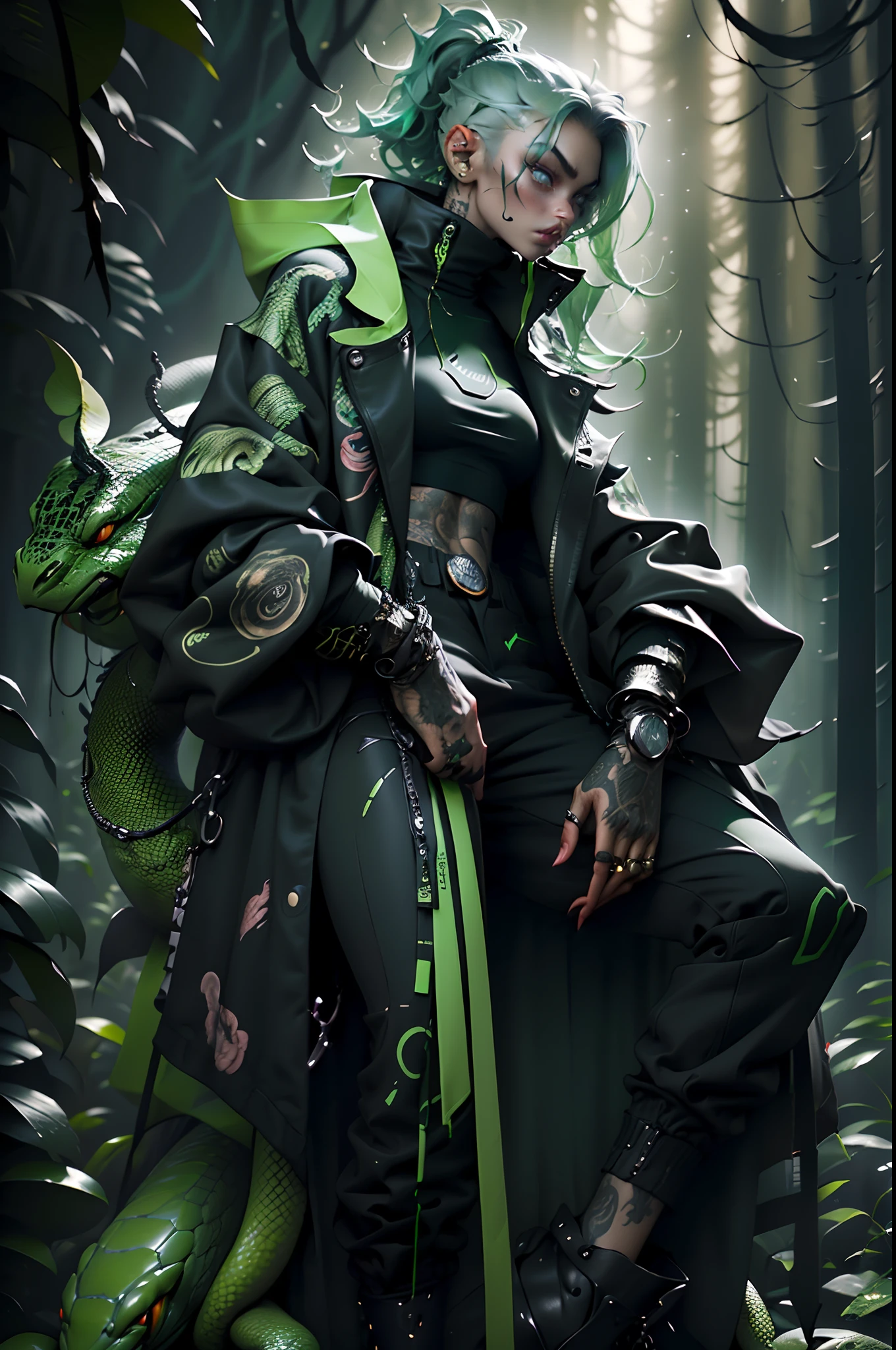 girl wearing sage green futuristic jacket, with a pet snake, slim body, black turtle neck attire, big jacket, serious face, chains, tattoos, cool sit pose, big eyes, glowing forest background