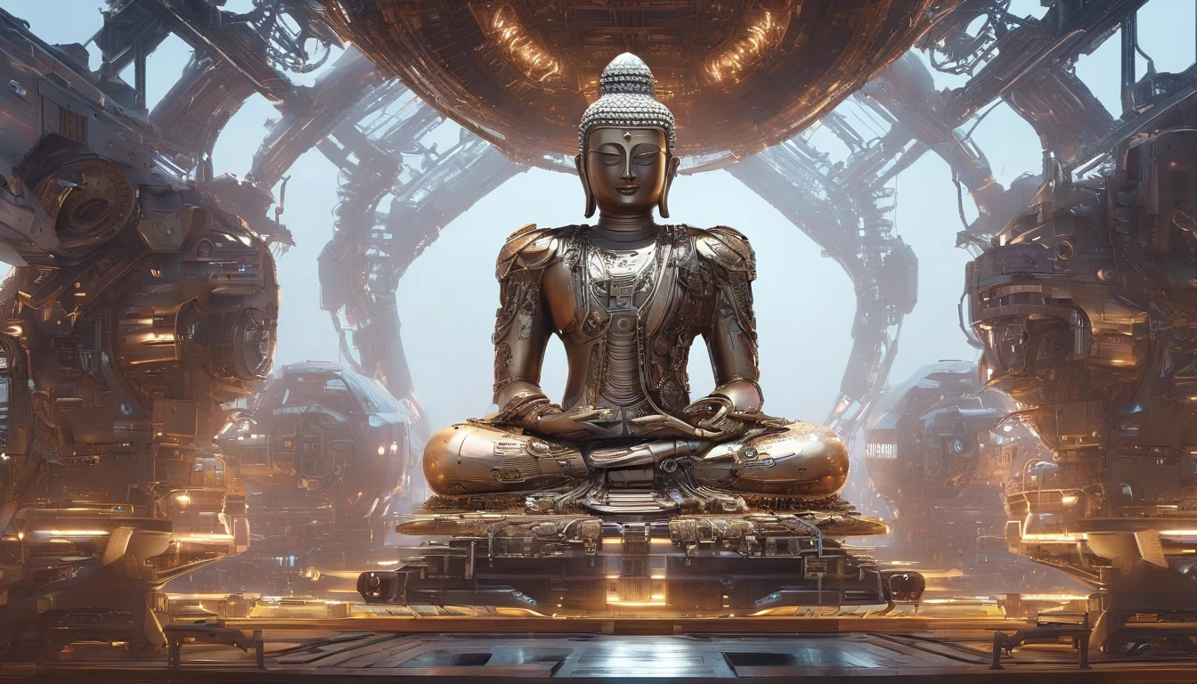 Super giant mechanical Buddha statue,Adoring swarms of robots,In steampunk style,super-fine,8K,Works of masters,Meticulous mechanical depiction,OC renderer,