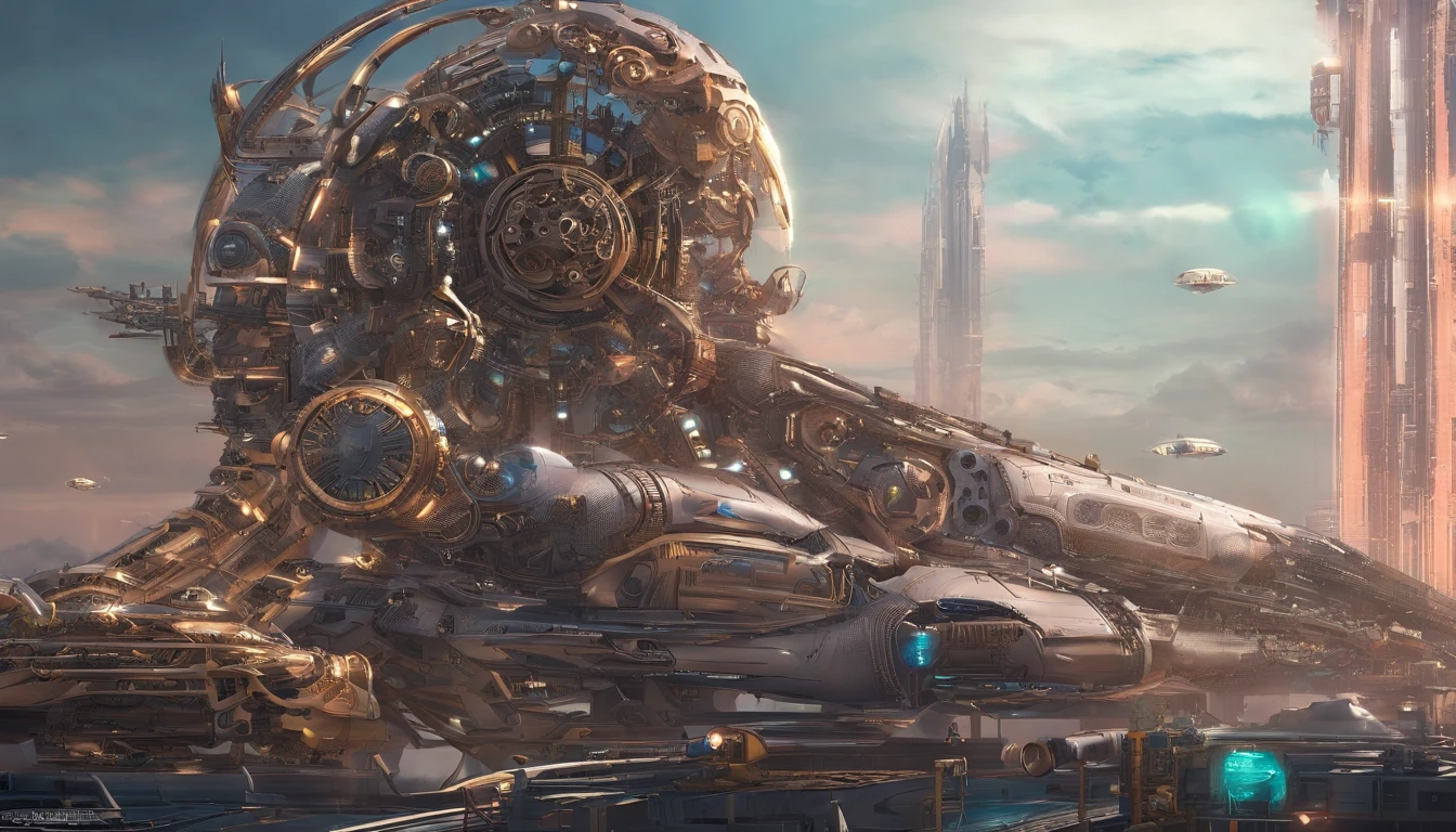 Super giant mechanical Buddha statue,Adoring swarms of robots,In steampunk style,super-fine,8K,Works of masters,Meticulous mechanical depiction,OC renderer,