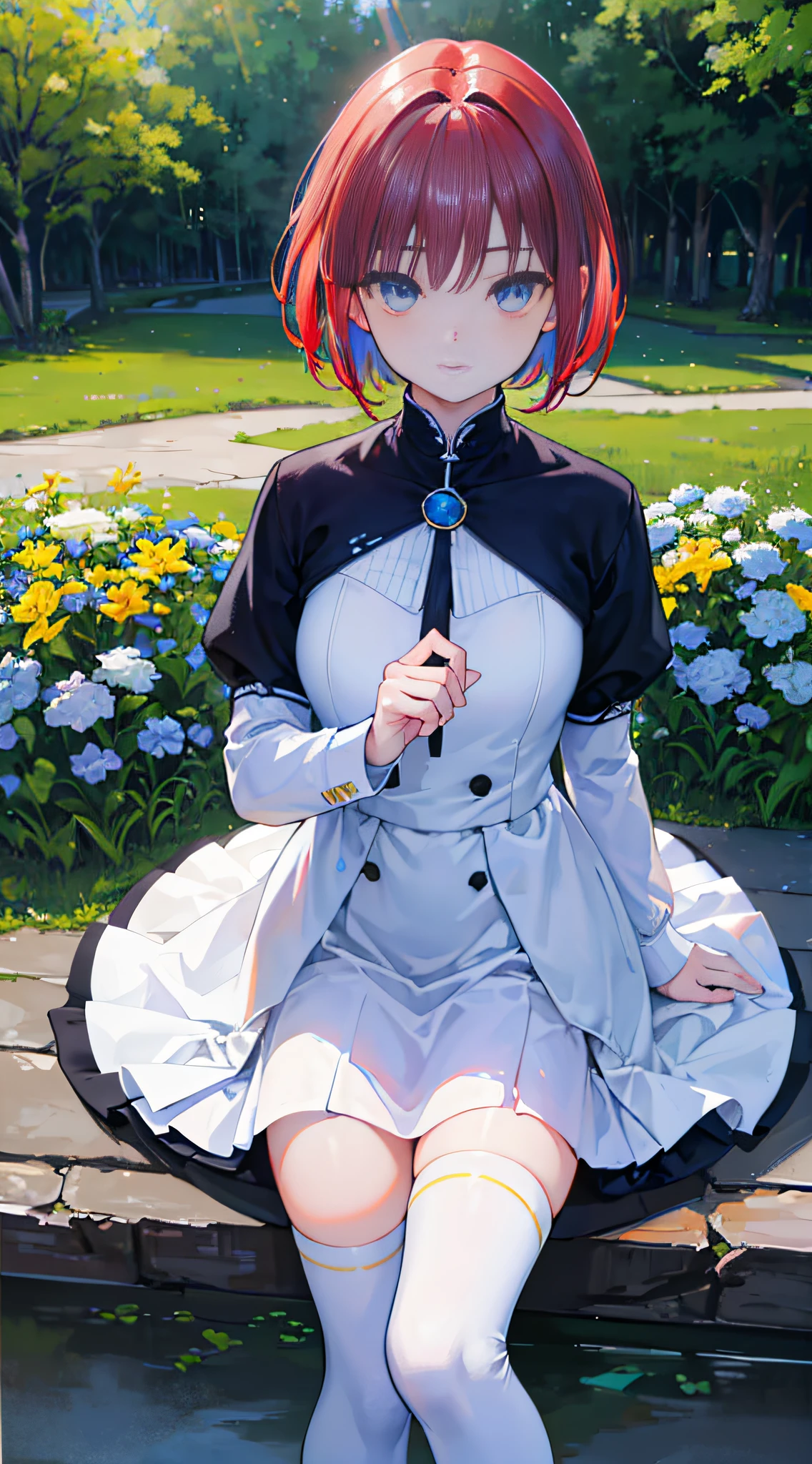 "(Best quality,4K,8K,A high resolution,Masterpiece:1.2),Ultra-detailed,(Realistic,Photorealistic,photo-realistic:1.37),sportrait,Vivid colors,Sharp focus,professional,mediating:Oil painting,Girl,on the garden,Short hair,Messy hairstyle,Fiery red hair,intense blue eyes,Calm expression,White dress,Average stature,Black knee-high socks,White boots,Good lighting,Clear blue sky"