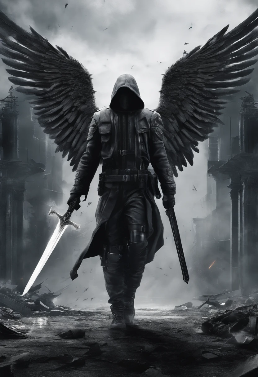 realistic, 4k, an angel with big wings, a sword, a hood over his head in the background image of a war (chaos)