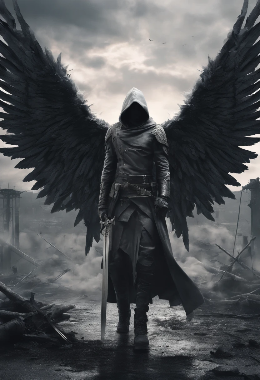 realistic, 4k, an angel with big wings, a sword, a hood over his head in the background image of a war (chaos)