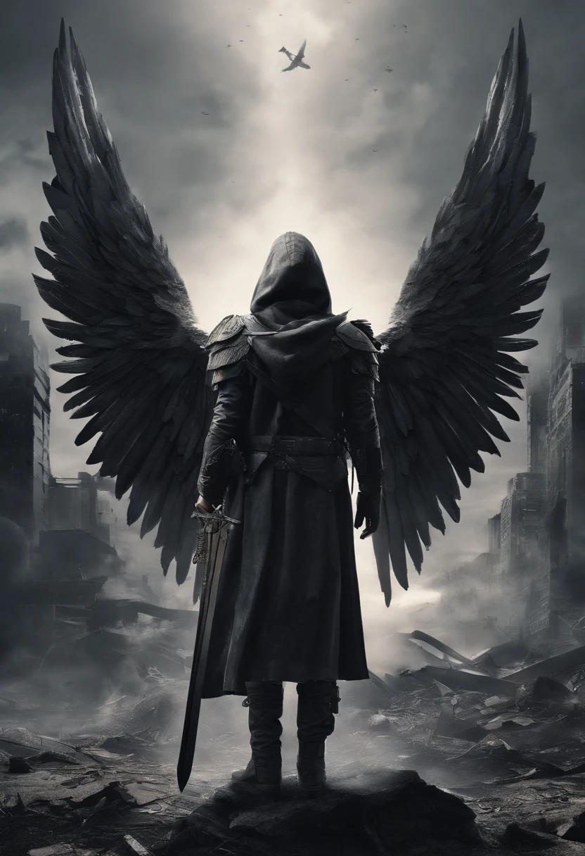 realistic, 4k, an angel with big wings, a sword, a hood over his head in the background image of a war (chaos)