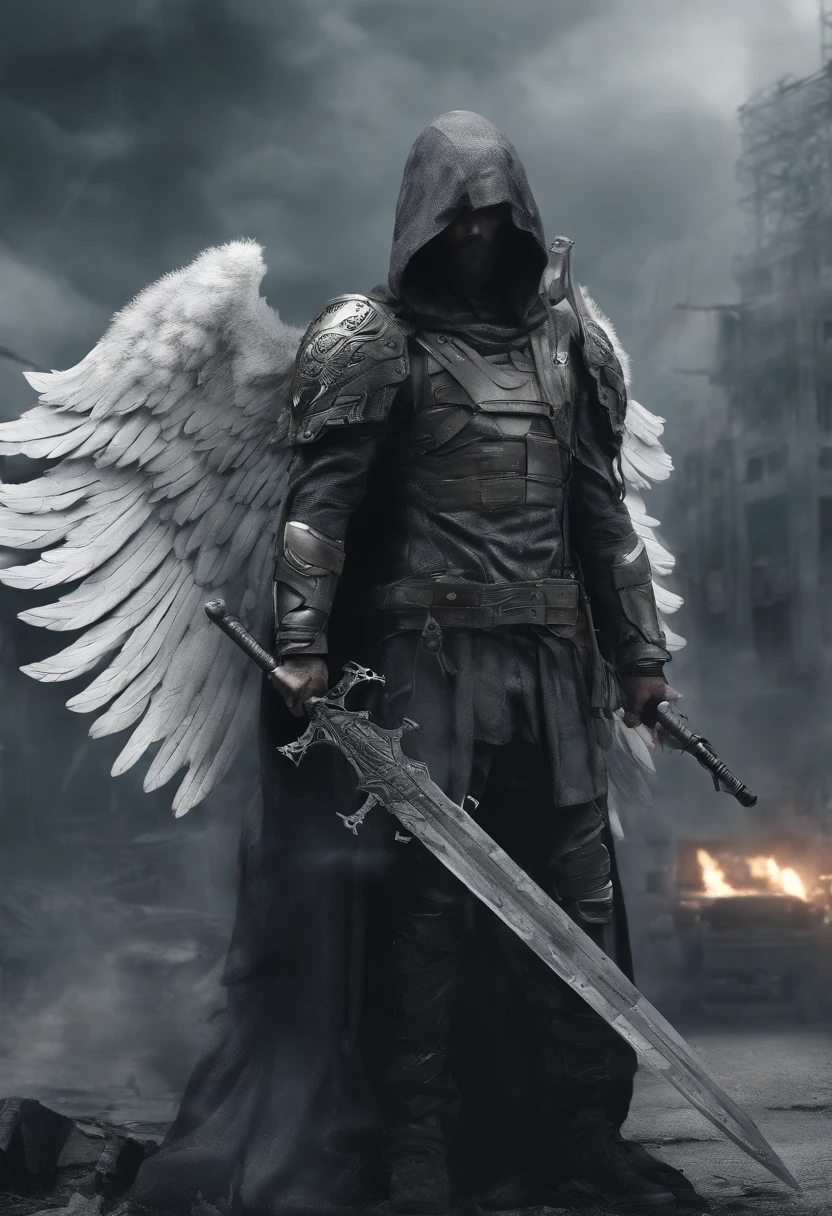 realistic, 4k, an angel with big wings, a sword, a hood over his head in the background image of a war (chaos)