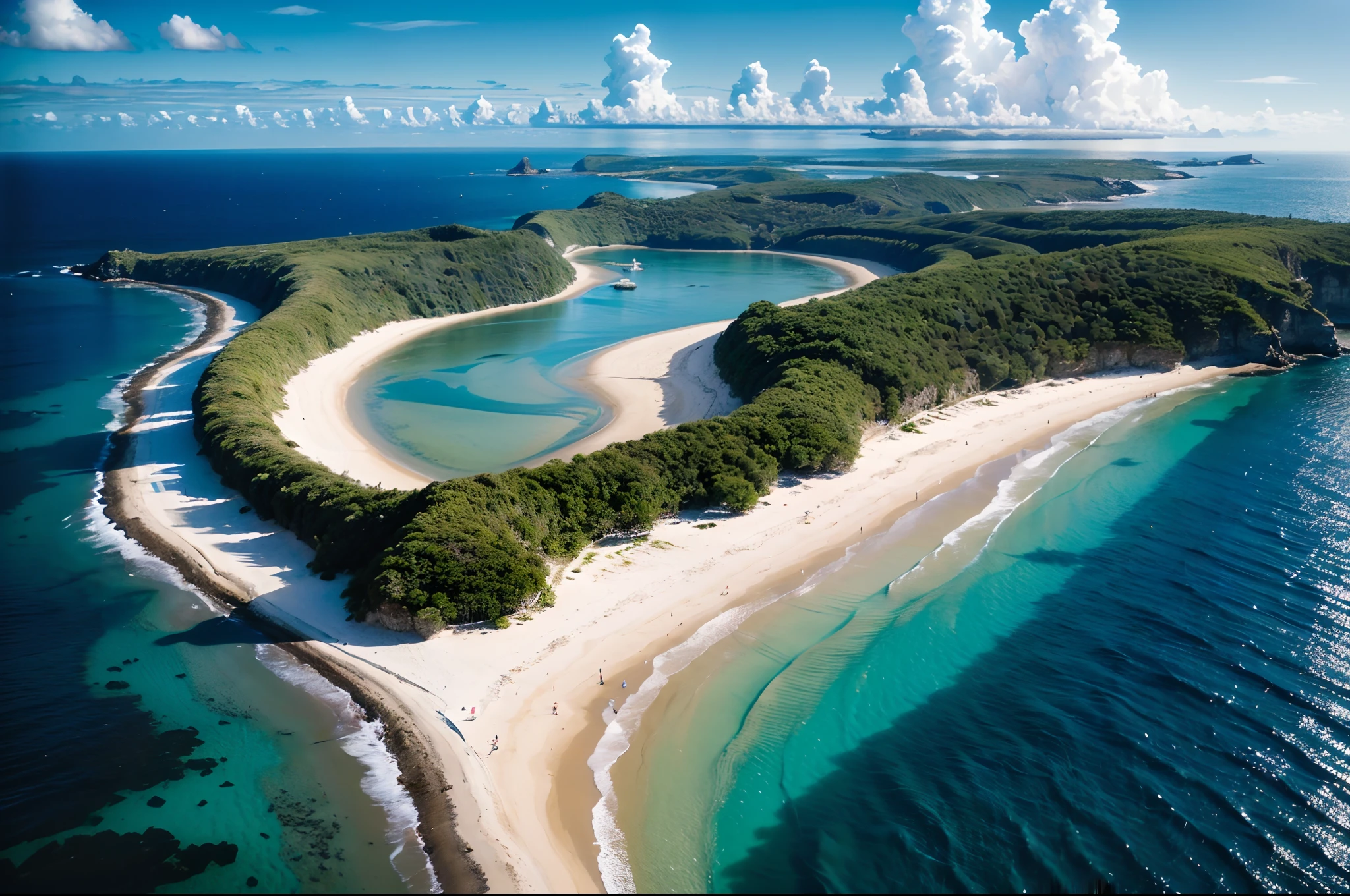 (best quality,4k,8k,highres,masterpiece:1.2),ultra-detailed,(realistic,photorealistic,photo-realistic:1.37),desert island seen from above,clear blue water,sandy beach,coconut trees,bright sunny day,seagulls flying,stunning aerial view,tropical paradise,peaceful and serene,crystal clear ocean,hint of coral reefs,lush green vegetation,white fluffy clouds,turquoise hues,gentle waves lapping the shore,isolated and untouched,breathtaking landscape,natural beauty and tranquility,azure sky,endless horizons,undisturbed sand dunes,remote and secluded location,unspoiled paradise,a perfect escape,secluded retreat.
