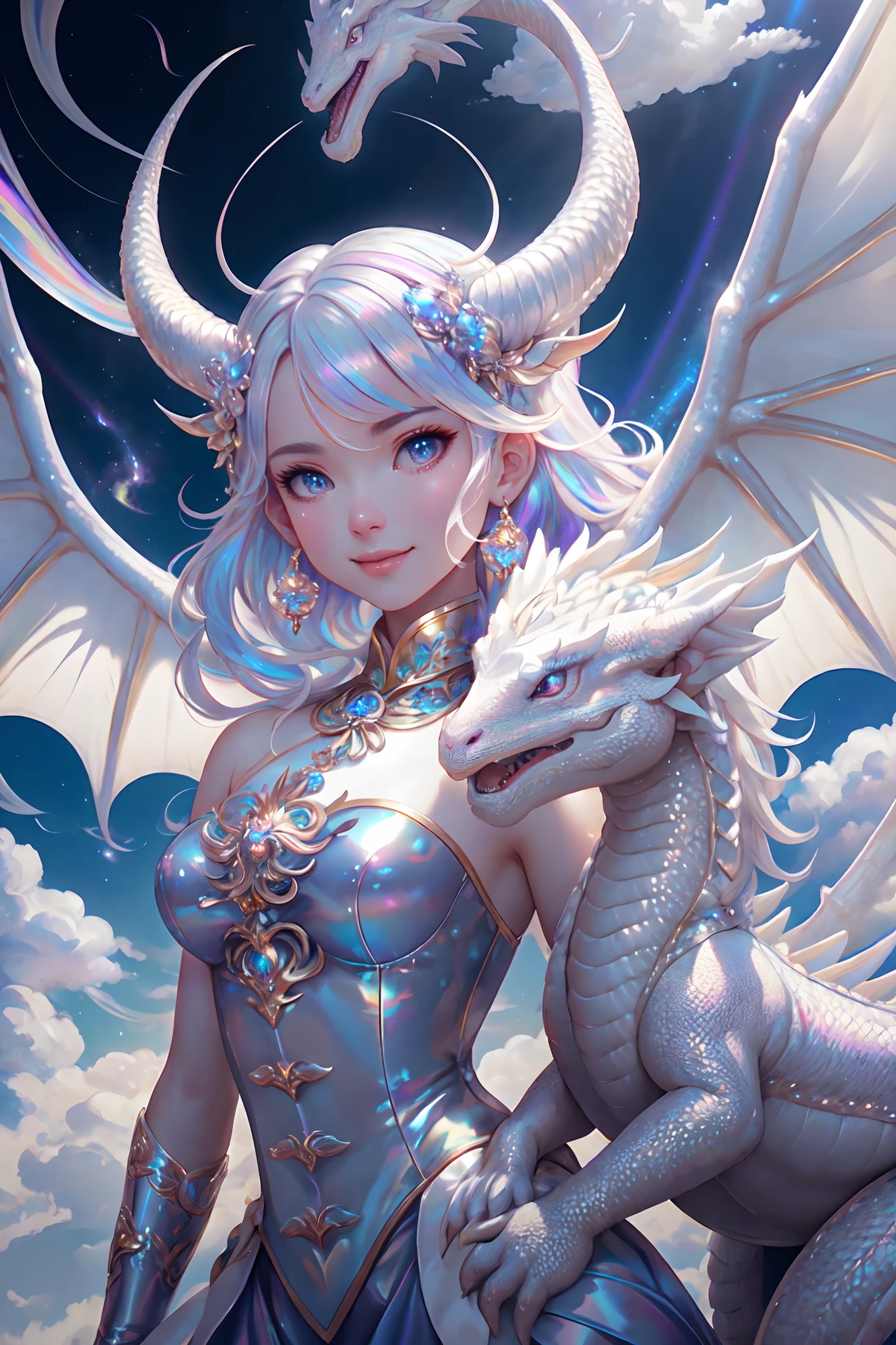 The Chinese White Divine Dragon soared into the air,(Girl manipulates dragons:1.3),(The girl has her back to the camera:1.3),Sky clouds surround the surroundings,Light magic,Fantastic background,Meaning background,Ridiculous background,There are artistic overlays,multicolored hair, surrealism, Cinematic lighting, Ray tracing, god light, speed-line, angle of view, hyper HD, Masterpiece, Best quality, Super detail, A high resolution, High quality,(Far view:1.3)