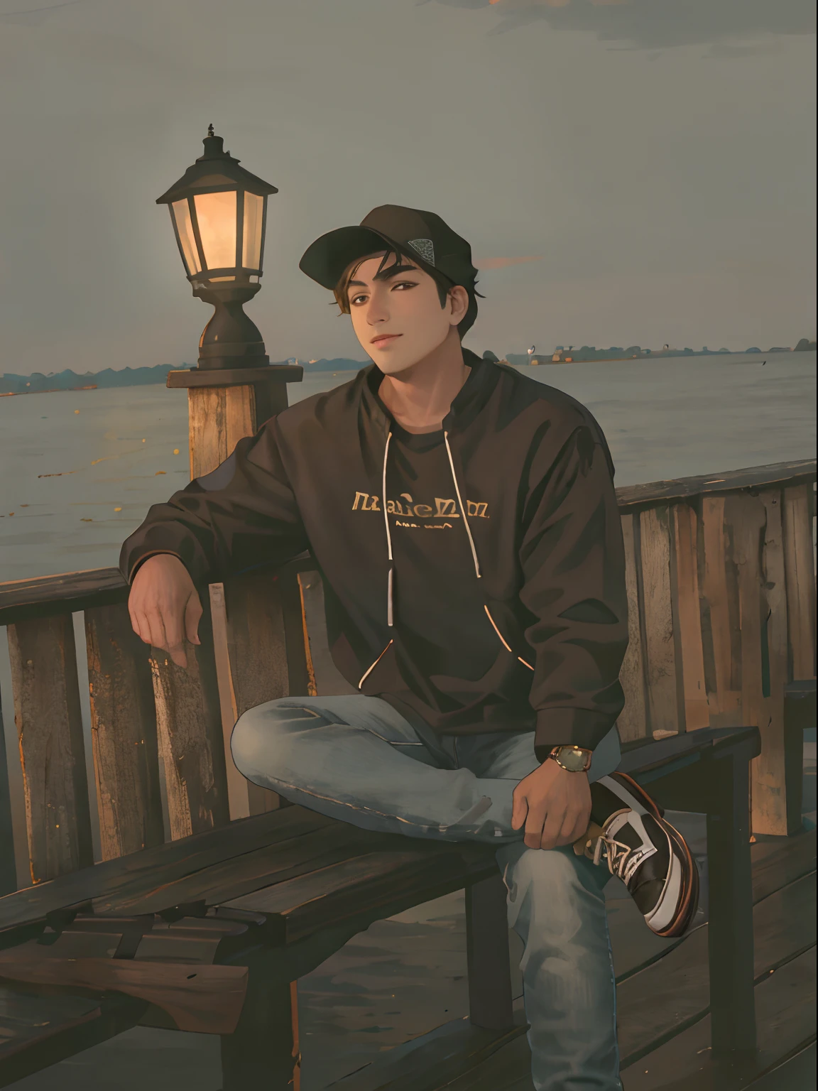 arafed man sitting on a bench near a lamp post, casual photography, mid shot portrait, with sunset, near a jetty, a man sitting on a jetty, casual pose, taken with canon eos 5 d mark iv, potrait, style of ade santora, sitting on a wooden dock, taken at golden hour, sitting on a wood dock