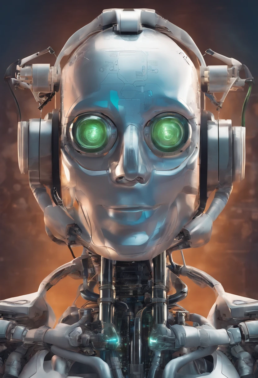 1 mechanical boy, (male), mullet haircut, blonde hair, green eyes, blonde, (24 age), mechanical green cables arms outstretched, ((ultra realistic details)), global illumination, shadows, octane render, 8k, ultra sharp,metal, intricate, ornaments detailed, highly intricate details, realistic light, glowing eyes, neon details, human face:1.5, robot face:0.5, mechanical limbs, blood vessels connected to tubes, mechanical cervical attaching to neck, wires and cables connecting to head