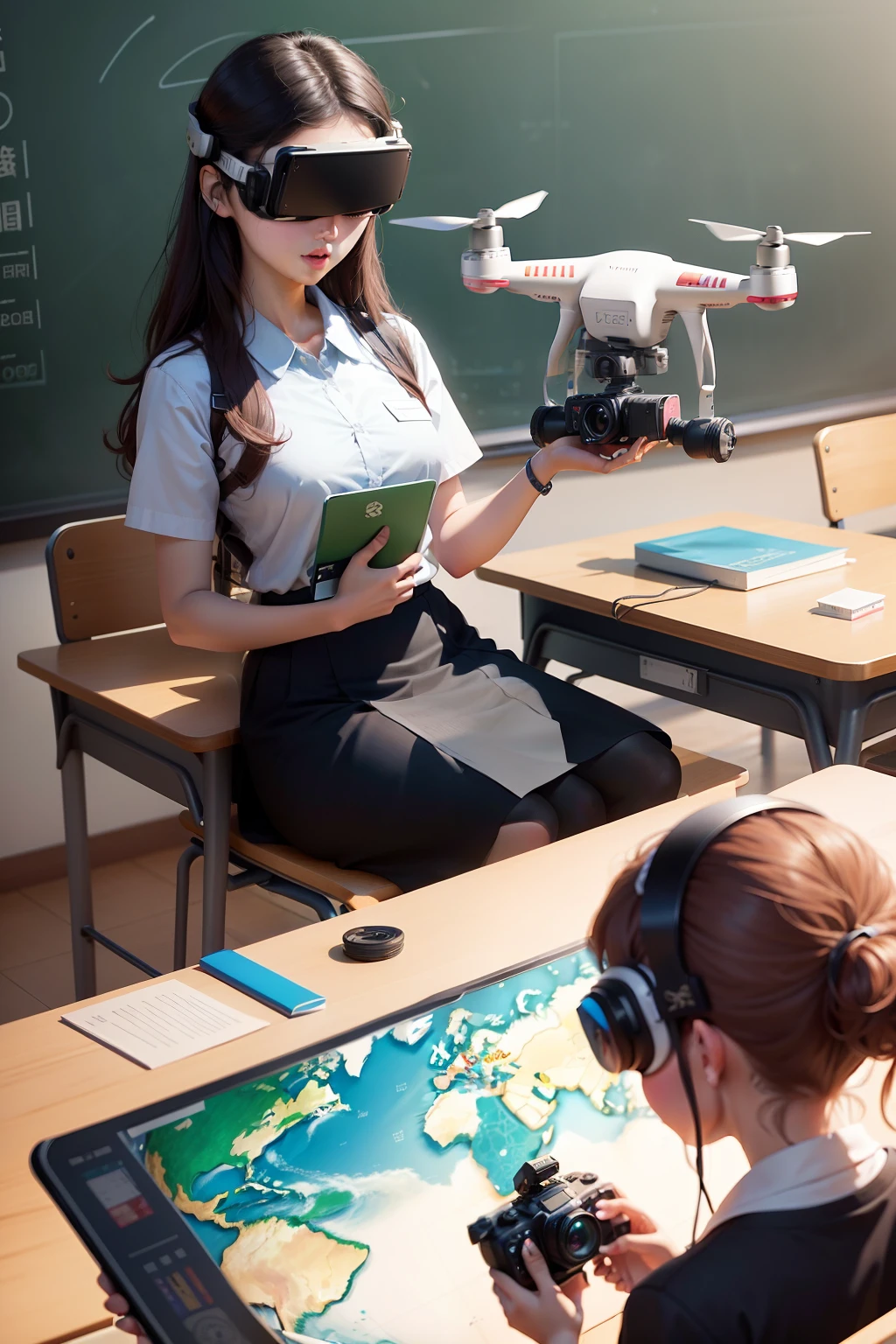 Teachers and students in the classroom, Decorated with pictorial elements, Some students are flying drones, Some students are using cartographic tools, Some students are playing with virtual reality, The teacher is taking pictures of the students with a video camera. Cartoon image with bright background、plethora of colors, Rich detail background with digital media elements realistic Chinese style