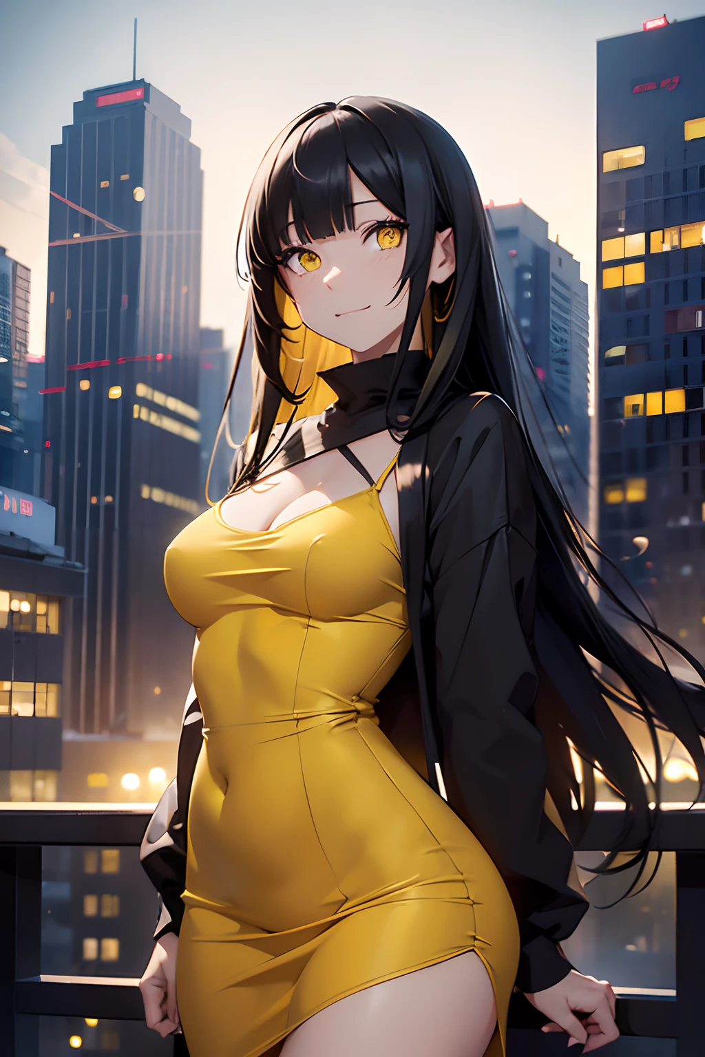masutepiece (Photo_\\(Medium\\):1.2), (Photorealistic:1.2), Hyper realistic, Photorealism, Woman, Full body, full growth, Black hair, Long hair, Bangs, Yellow eyes, Eyelashes, Creepy grin, Beauty Skin Tight Yellow Dress, Small sized breasts, night city background, symmetry, depth of fields, 8K, VFX, nffsw, nffsw