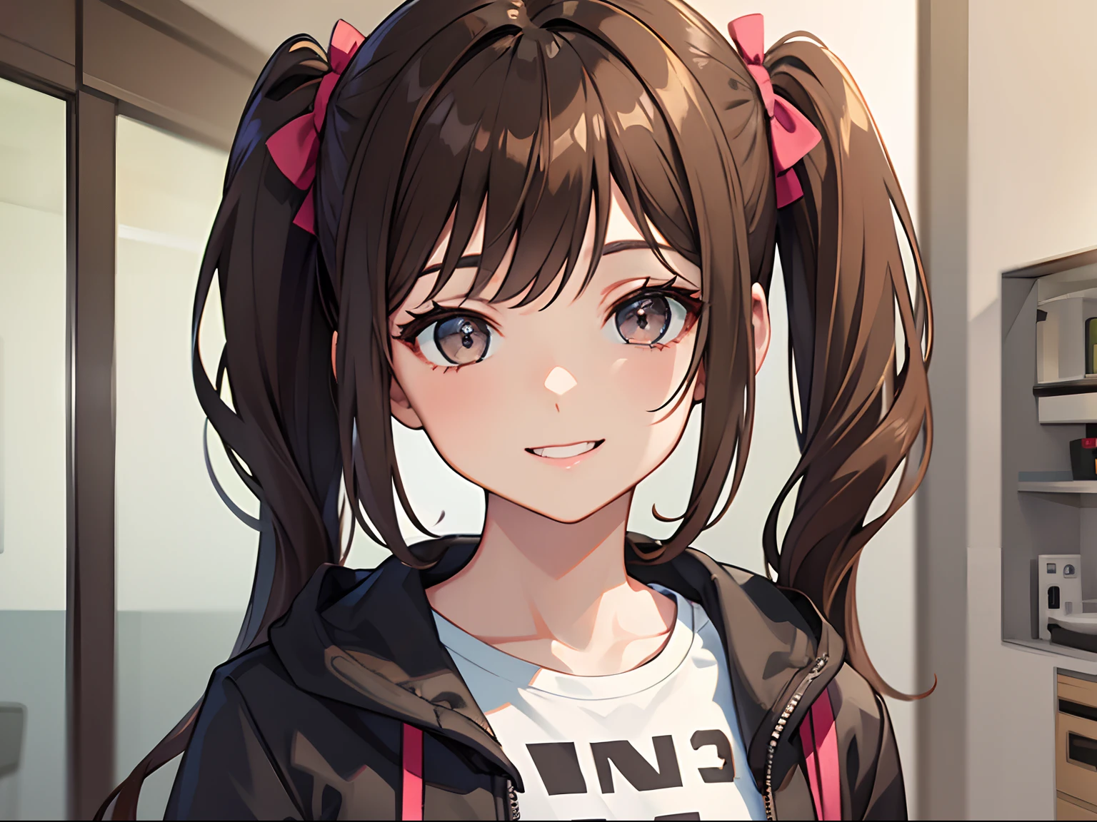 Women with Brown Hair, Pigtails hairstyle, Wearing a Generic jacket over a tshirt, Dark Grey eyes, Beautiful, high res, 8k Smiling. 1 Girl only