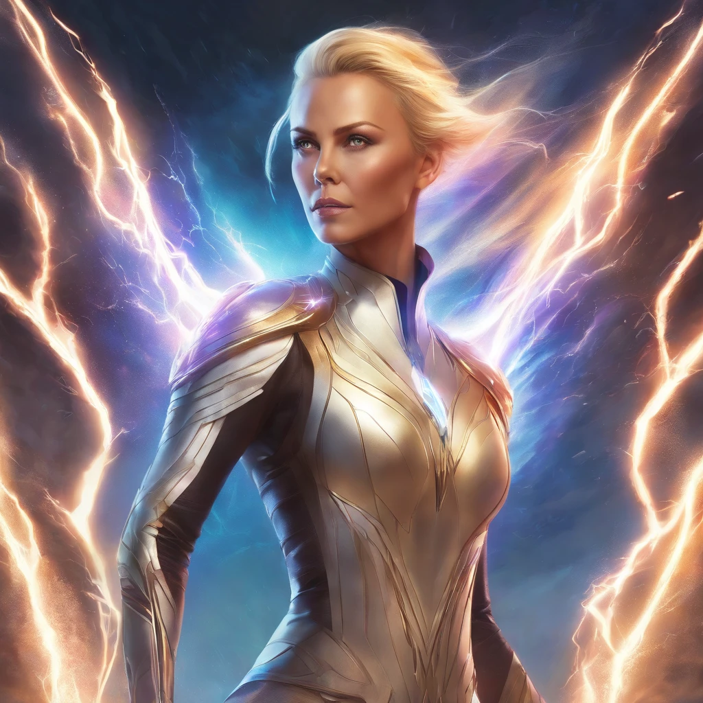Charlize theron being the storm of x-man, with super realistic costume, enhancing the body, in high quality 8k