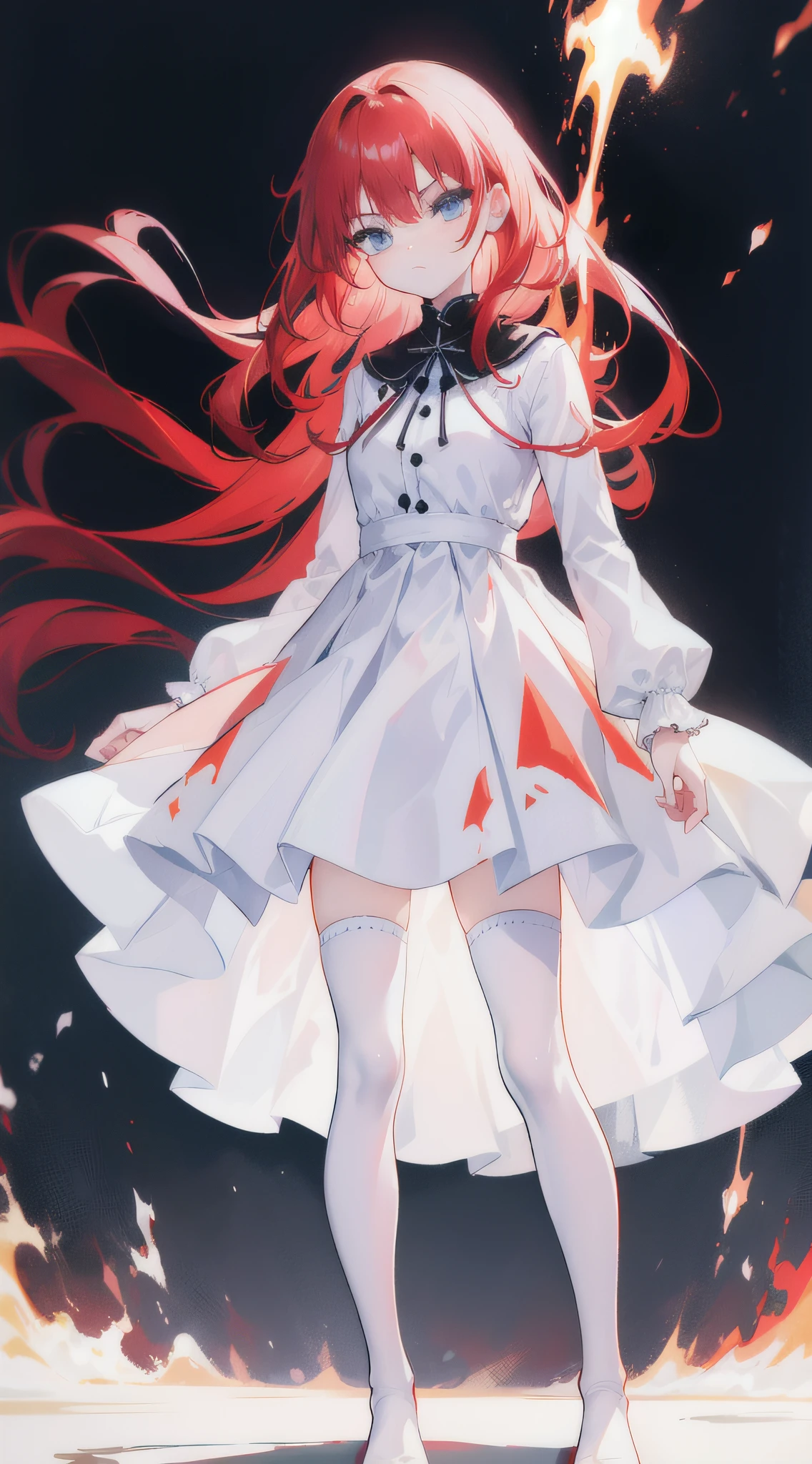 1girll;Short fiery red hair;messy hair style；Azuka blue eyes;Serious expressions;white dresses；Medium build；Black over-the-knee tights；Black flats;standing;Good light;Vacant land;