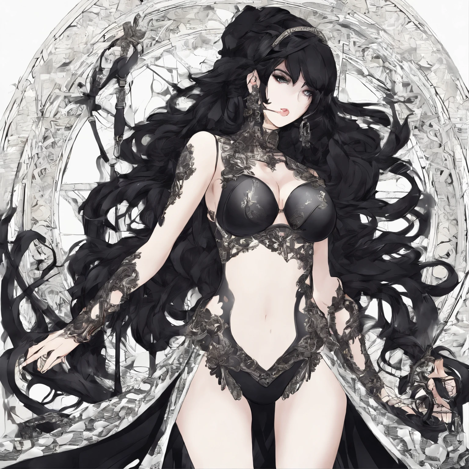 (((slingshot swimsuit ))),(gigantic cleavage breasts:1.5),(nakeness),(Solo),(White background),Long black hair,Black colored eyes,Stand up,The right hand crosses the waist,,Super-heeled sandals,grin