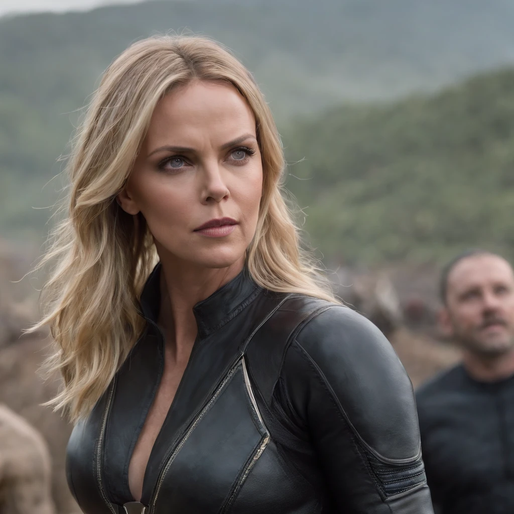 Charlize theron being the storm of x-man, with super realistic costume, enhancing the body, in high quality 8k