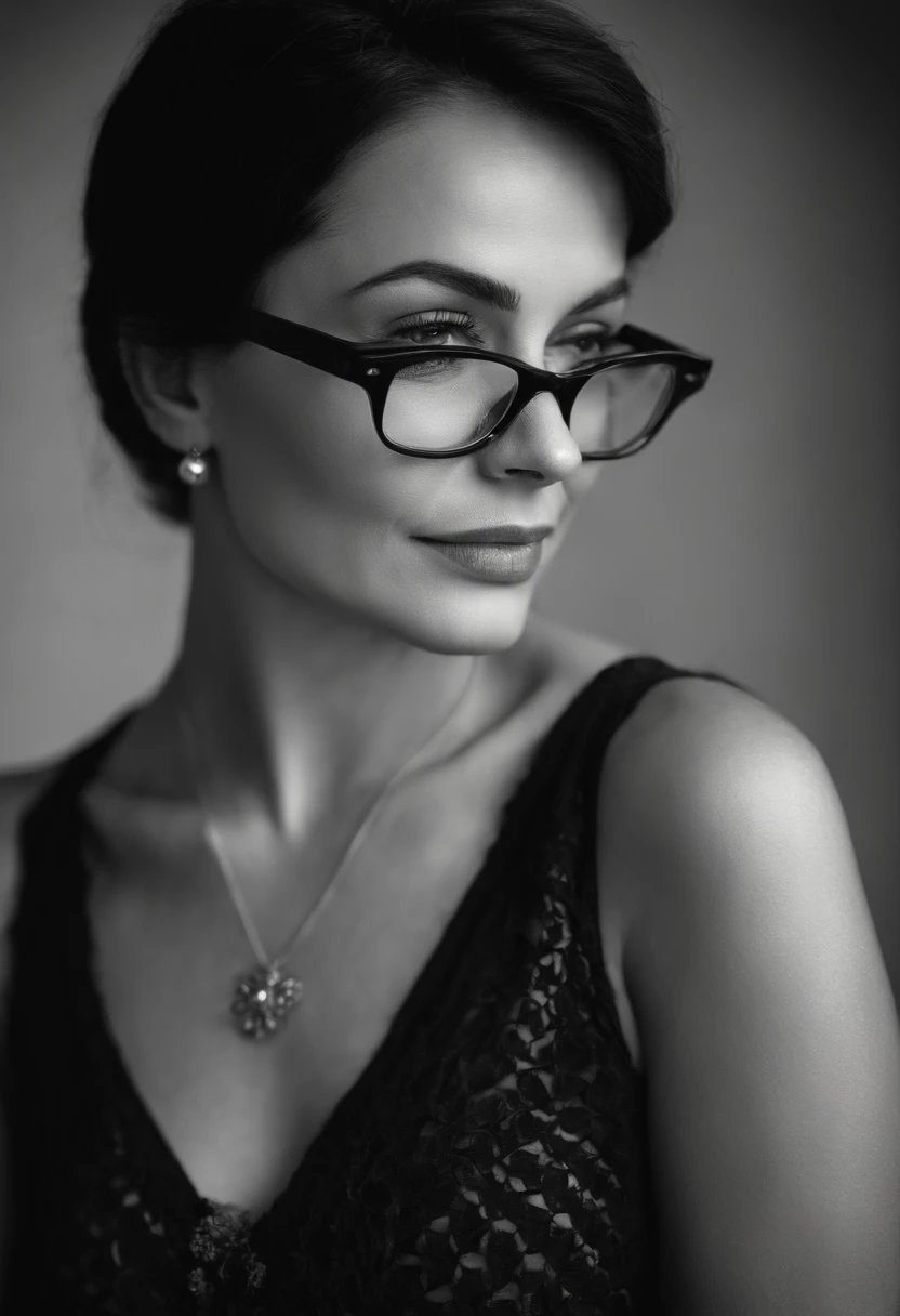Close-up of a woman wearing glasses and a black top, Image en noir et blanc, Une photo en noir et blanc, desaturated!!, Photo granuleuse en noir et blanc, Photo monochrome granuleuse, B&Photo W, Photo granuleuse en noir et blanc, photo en noir et blanc , en noir et blanc , Leica , jolie femme , robe avec un collier stitch ( de lilo et stitch ) corps sublime , seins nue , regards en coin.