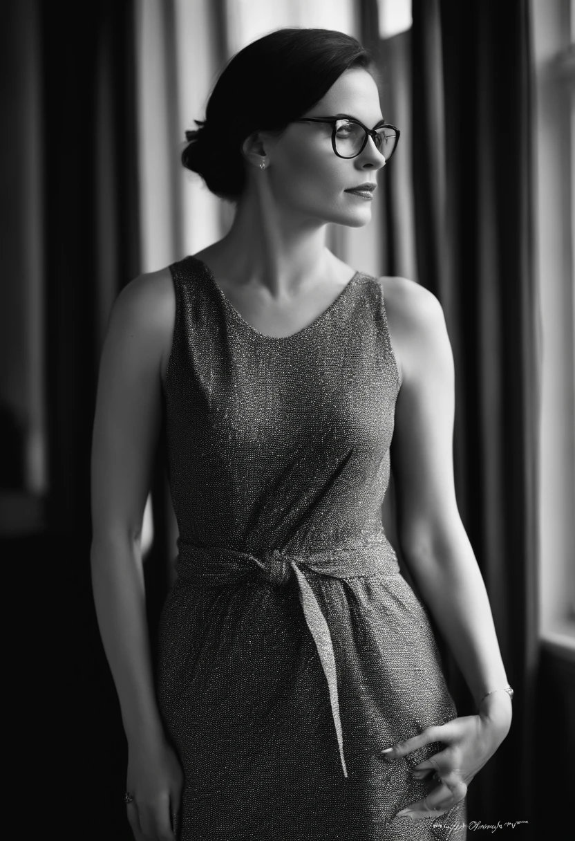 Close-up of a woman wearing glasses and a black top, Image en noir et blanc, Une photo en noir et blanc, desaturated!!, Photo granuleuse en noir et blanc, Photo monochrome granuleuse, B&Photo W, Photo granuleuse en noir et blanc, photo en noir et blanc , en noir et blanc , Leica , jolie femme , robe avec un collier stitch ( de lilo et stitch ) corps sublime , seins nue , regards en coin.