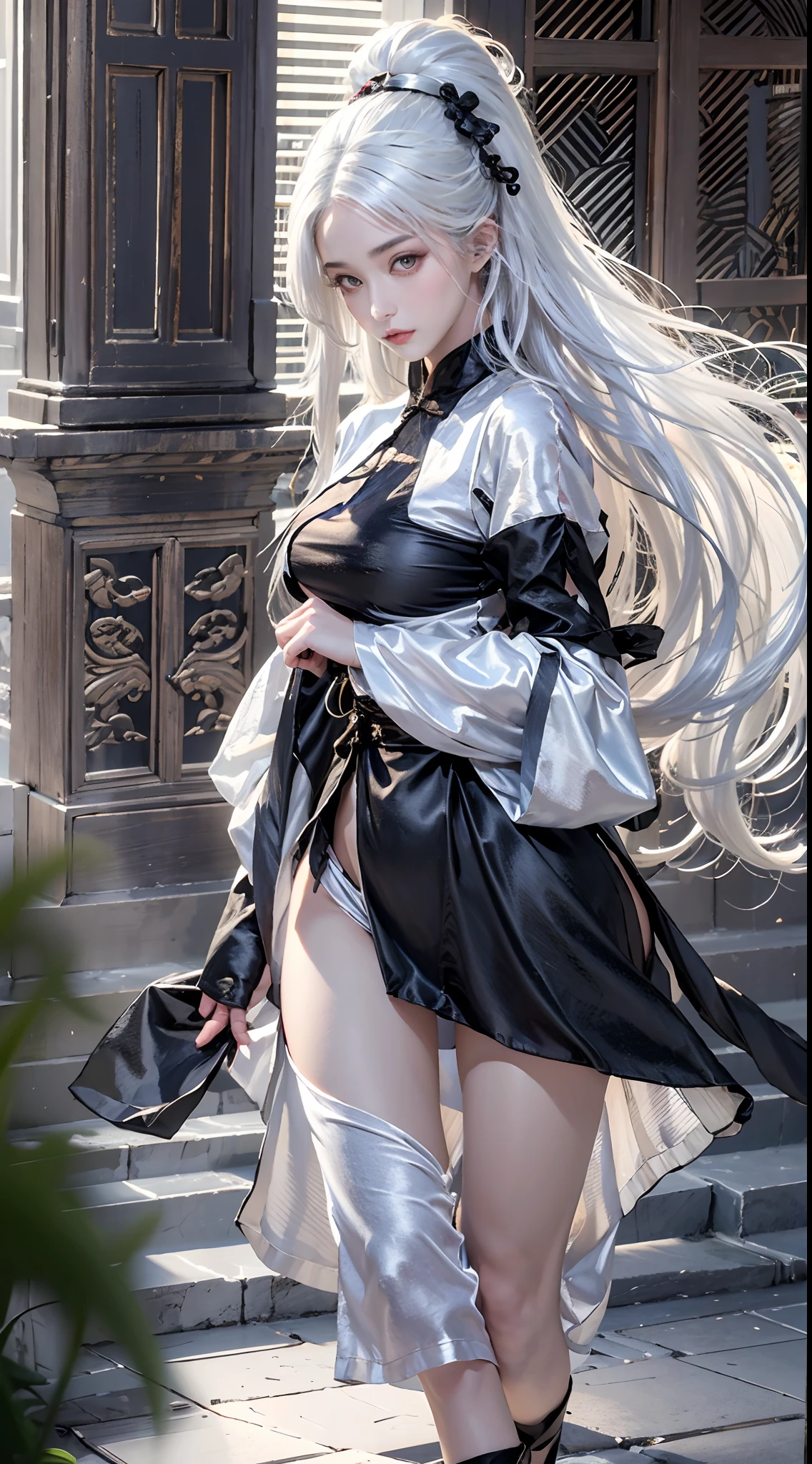 photorealistic, high resolution, 1 girl, hips up, white hair, long hair, black eyes, chinese style, hanfu, closed clothes, normal breast