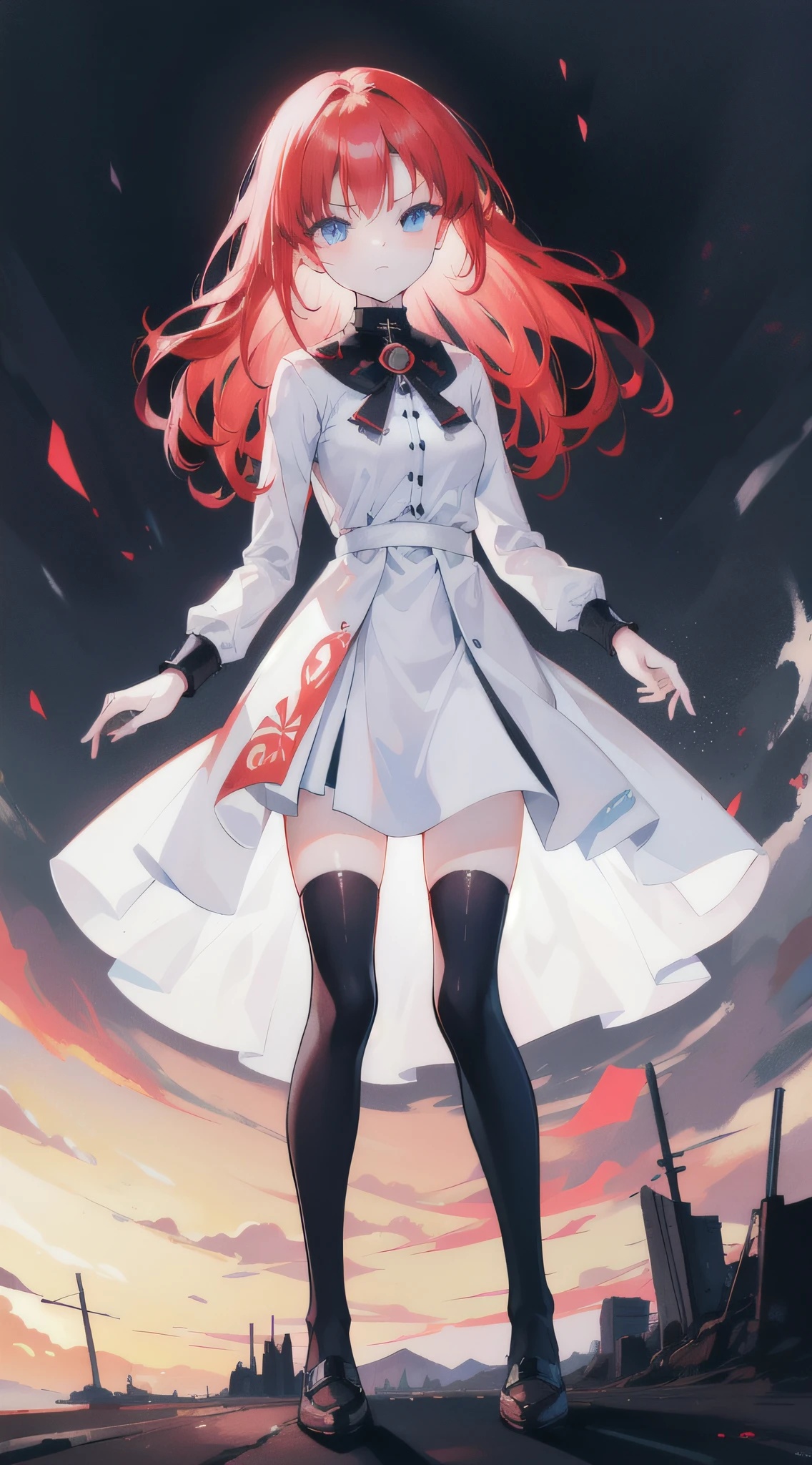 1girll;Short fiery red hair;messy hair style;Azuka blue eyes;Serious expressions;white dresses;Medium build;Black over-the-knee tights;Black flats;standing;Good light;Vacant land;