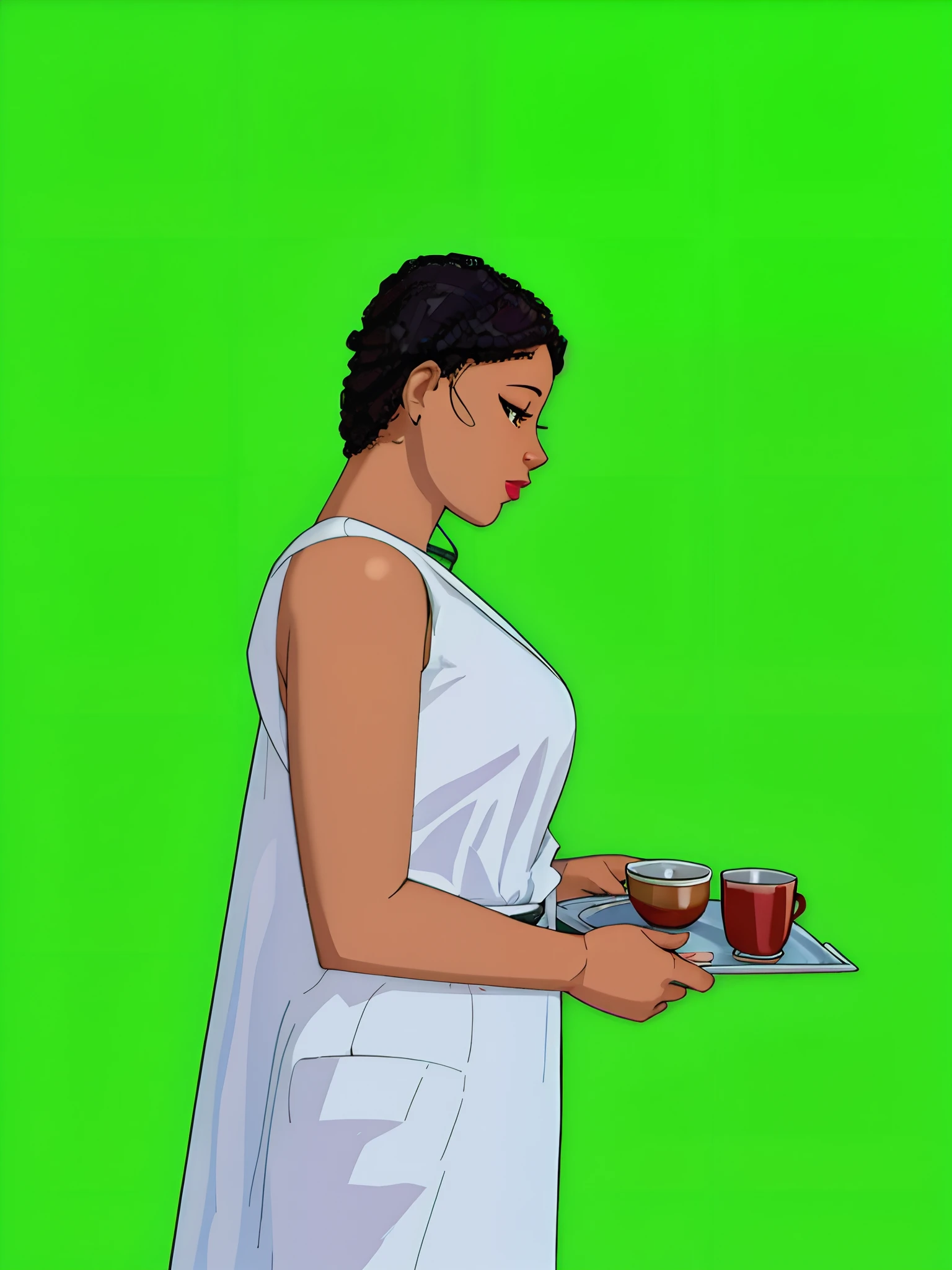 turn this photo to cartoon style, black woman with a tea tray in hand