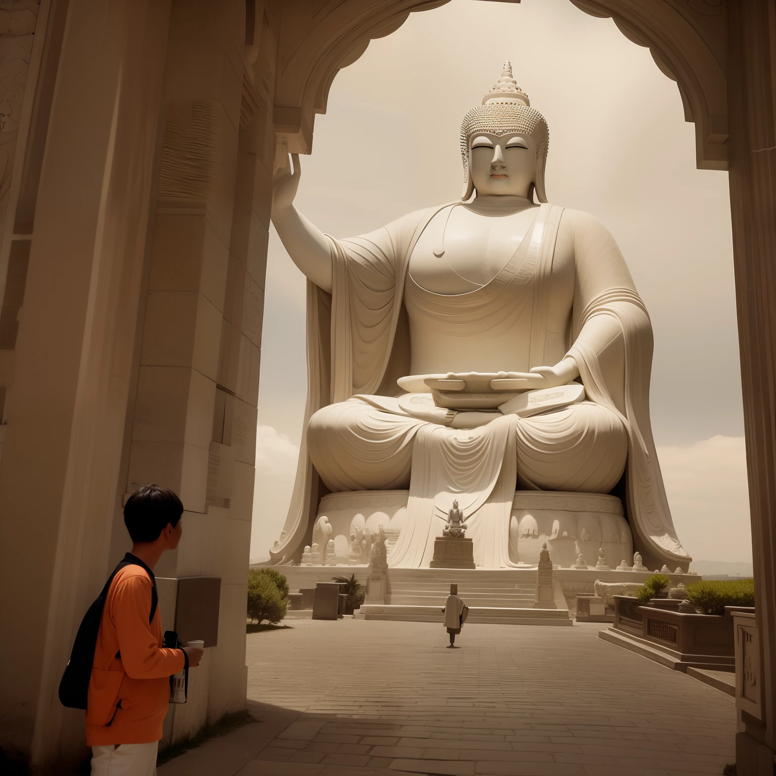A woman and tourists take a photo at the Leshan Giant Buddha，Chinoiserie style