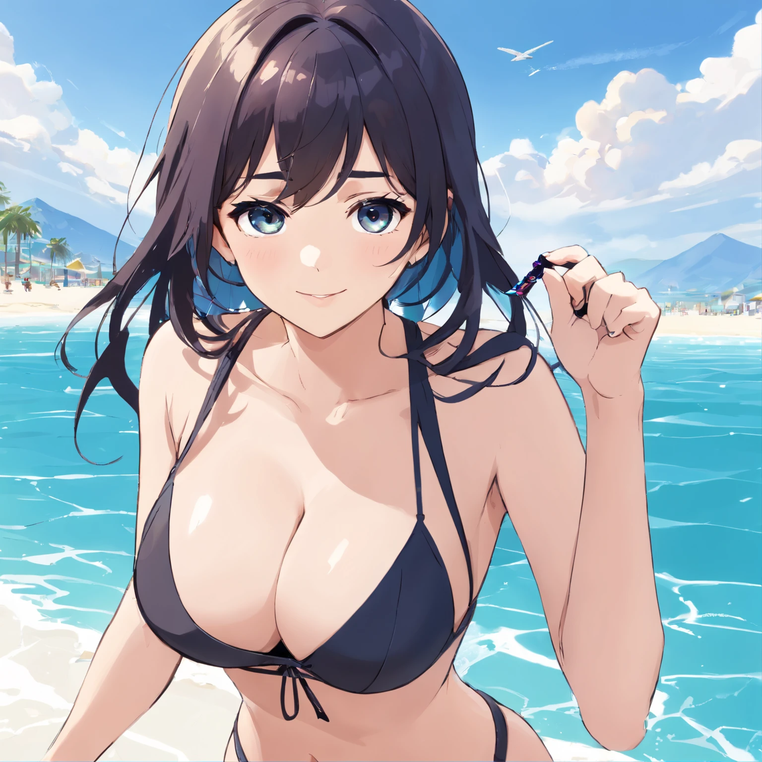 (((slingshot swimsuit ))),(gigantic cleavage breasts:1.5),(nakeness),(Solo),(White background)，Long black hair，Black colored eyes，Stand up，The right hand crosses the waist，，Super-heeled sandals，grin