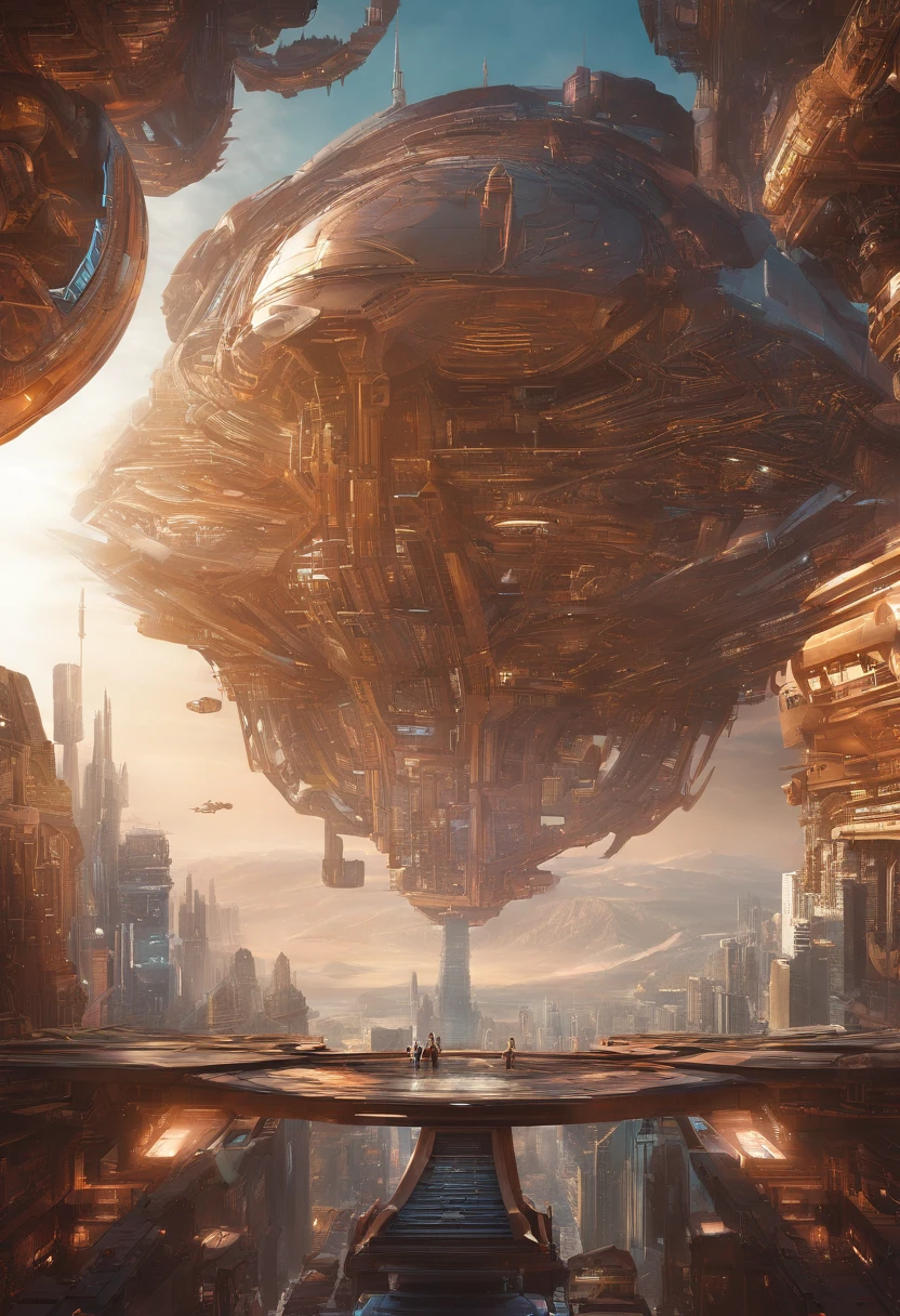 Look down from the top of the mountain,Super giant mechanical Buddha statue,Worship hordes of robots,Steampunk city,super-fine,8K,Works of masters,Meticulous mechanical depiction,OC renderer,