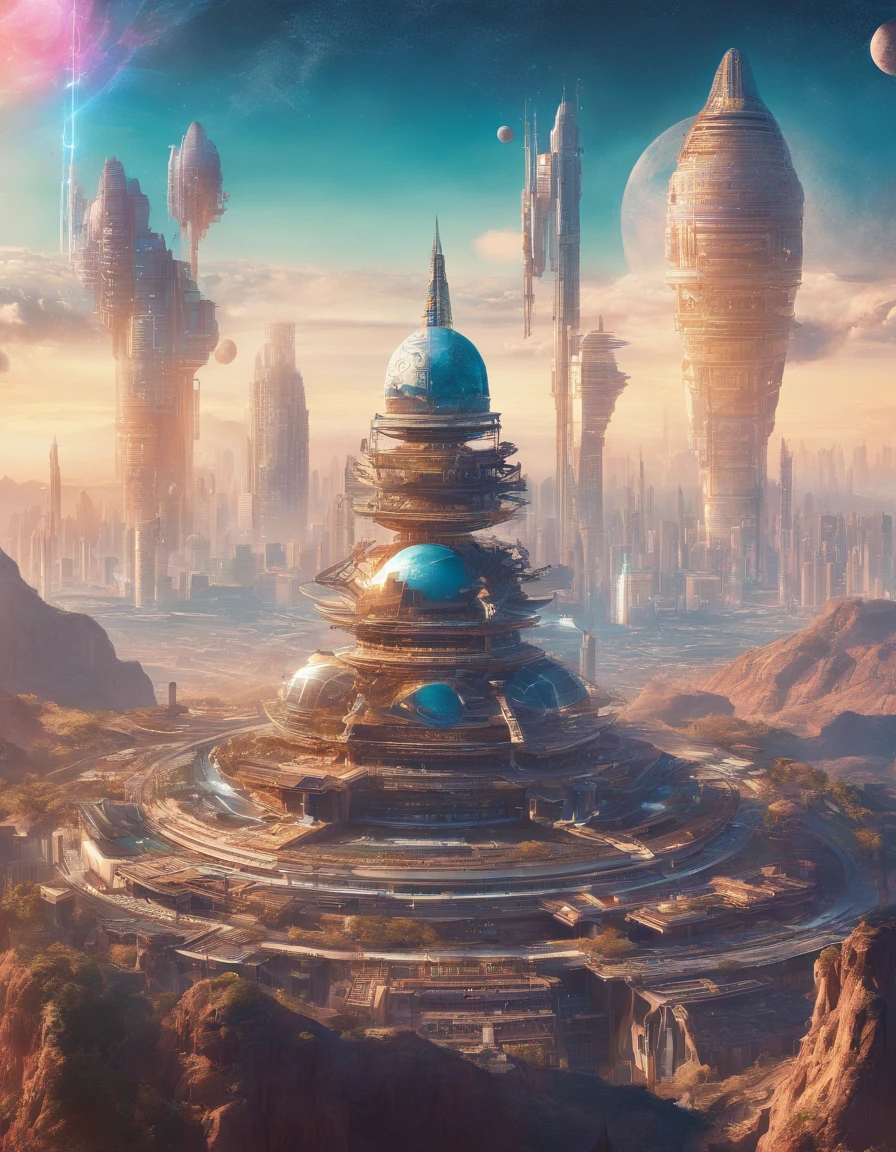 Look down from the top of the mountain,Super giant mechanical Buddha statue,Worship hordes of robots,Steampunk city,super-fine,8K,Works of masters,Meticulous mechanical depiction,OC renderer,