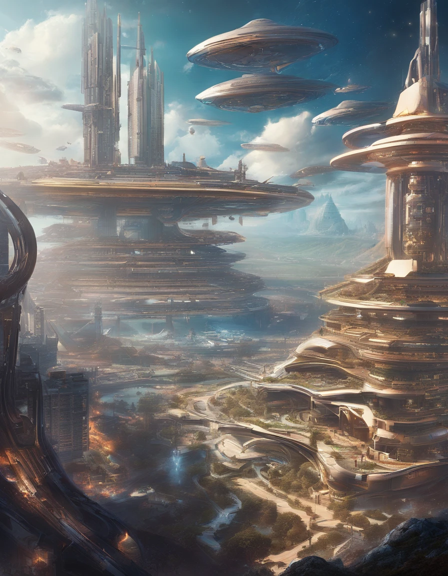 Look down from the top of the mountain,Super giant mechanical Buddha statue,Worship hordes of robots,Steampunk city,super-fine,8K,Works of masters,Meticulous mechanical depiction,OC renderer,